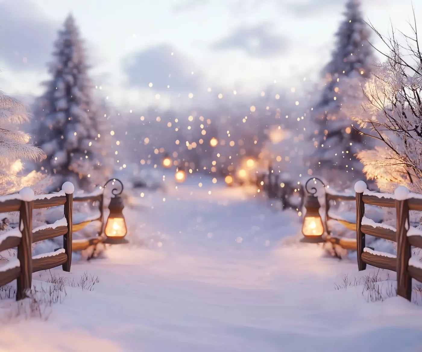 Snow Covered Path With Lanterns 12’X10’ Ultracloth (144 X 120 Inch) Backdrop