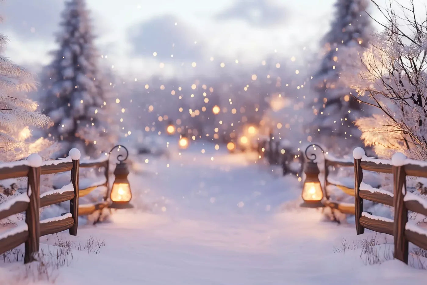 Snow Covered Path With Lanterns 12’X8’ Ultracloth (144 X 96 Inch) Backdrop