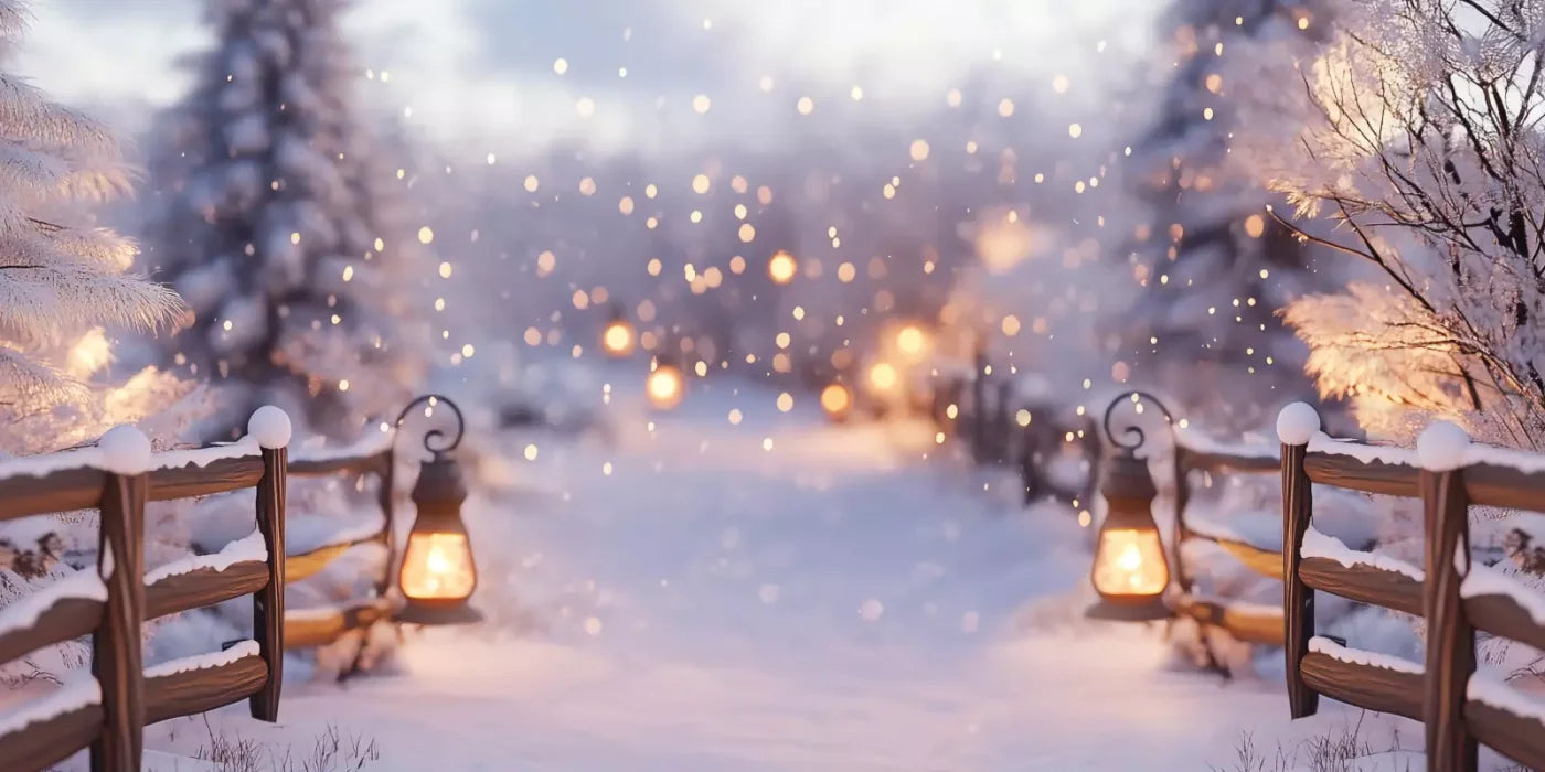 Snow Covered Path With Lanterns 20’X10’ Ultracloth (240 X 120 Inch) Backdrop