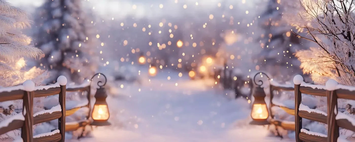 Snow Covered Path With Lanterns 20’X8’ Ultracloth (240 X 96 Inch) Backdrop