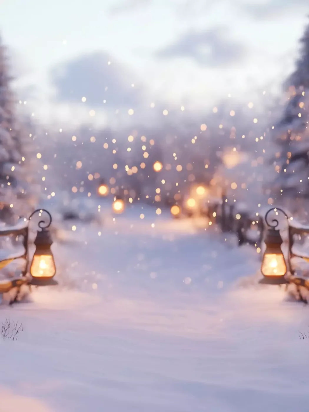Snow Covered Path With Lanterns 5’X6’8 Fleece (60 X 80 Inch) Backdrop