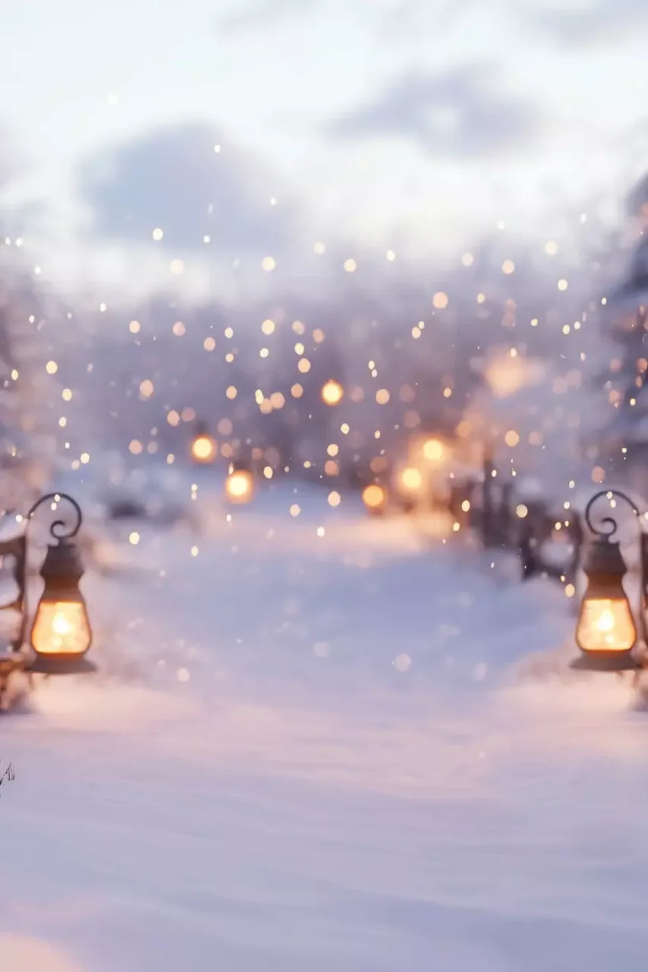 Snow Covered Path With Lanterns 8’X12’ Ultracloth (96 X 144 Inch) Backdrop