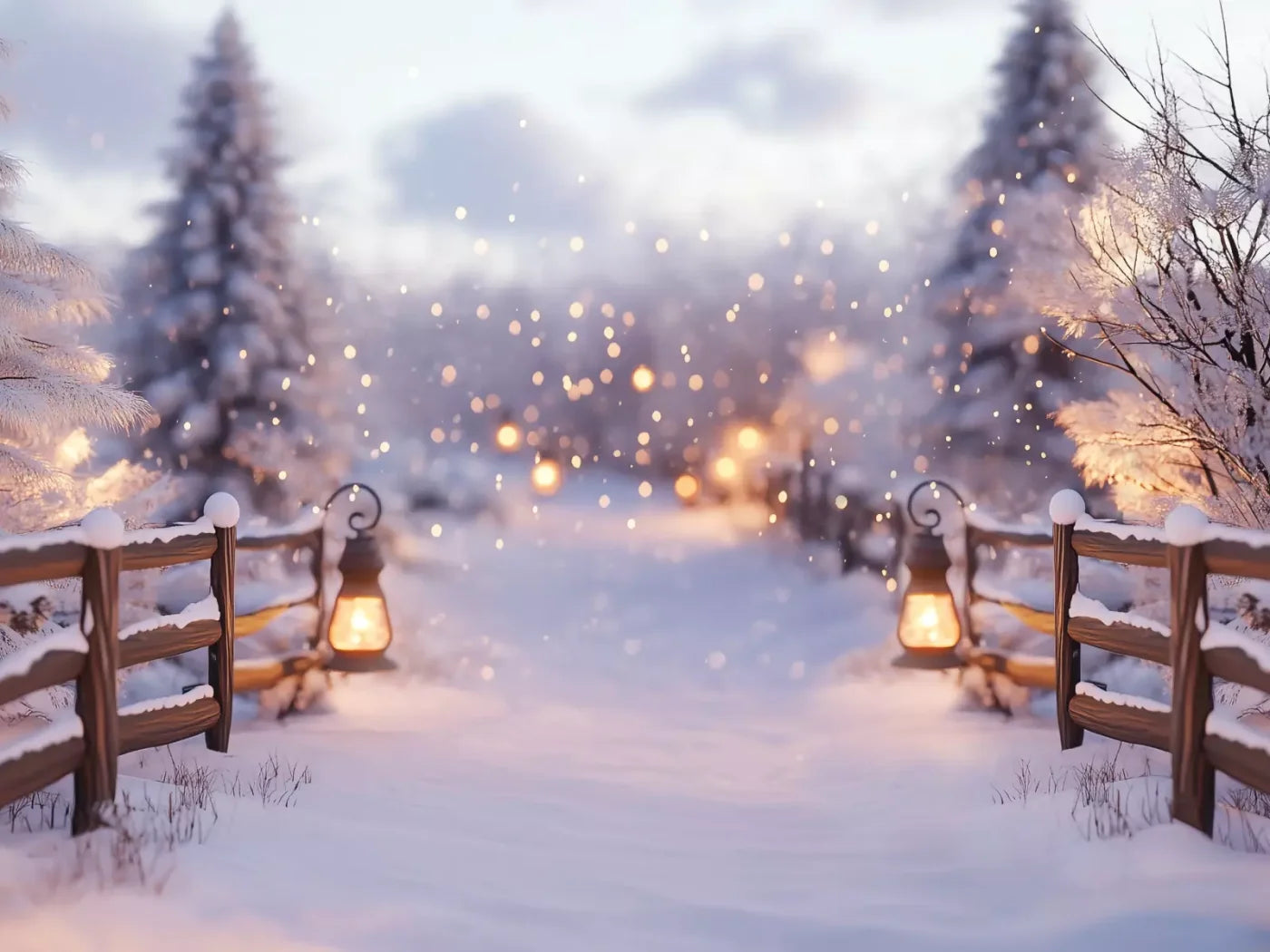 Snow Covered Path With Lanterns 8’X6’ Fleece (96 X 72 Inch) Backdrop