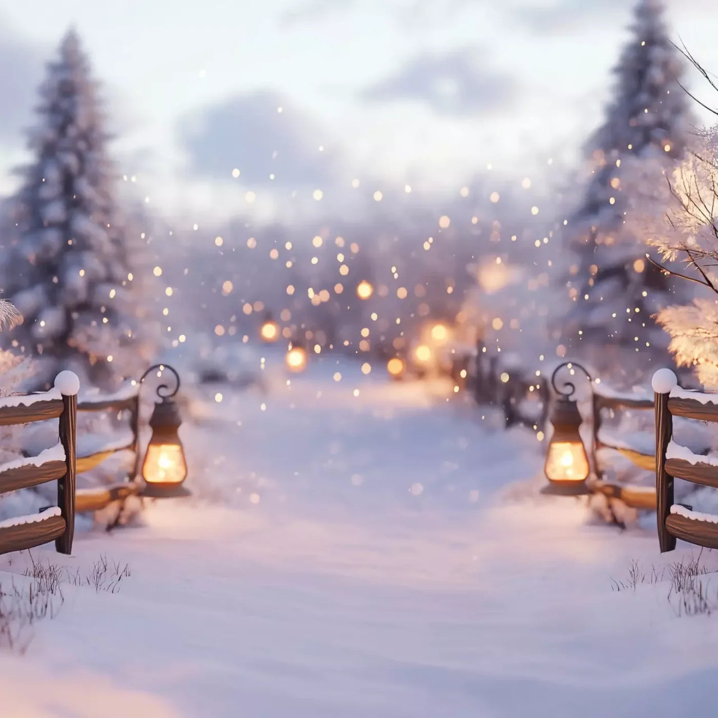 Snow Covered Path With Lanterns 8’X8’ Fleece (96 X Inch) Backdrop