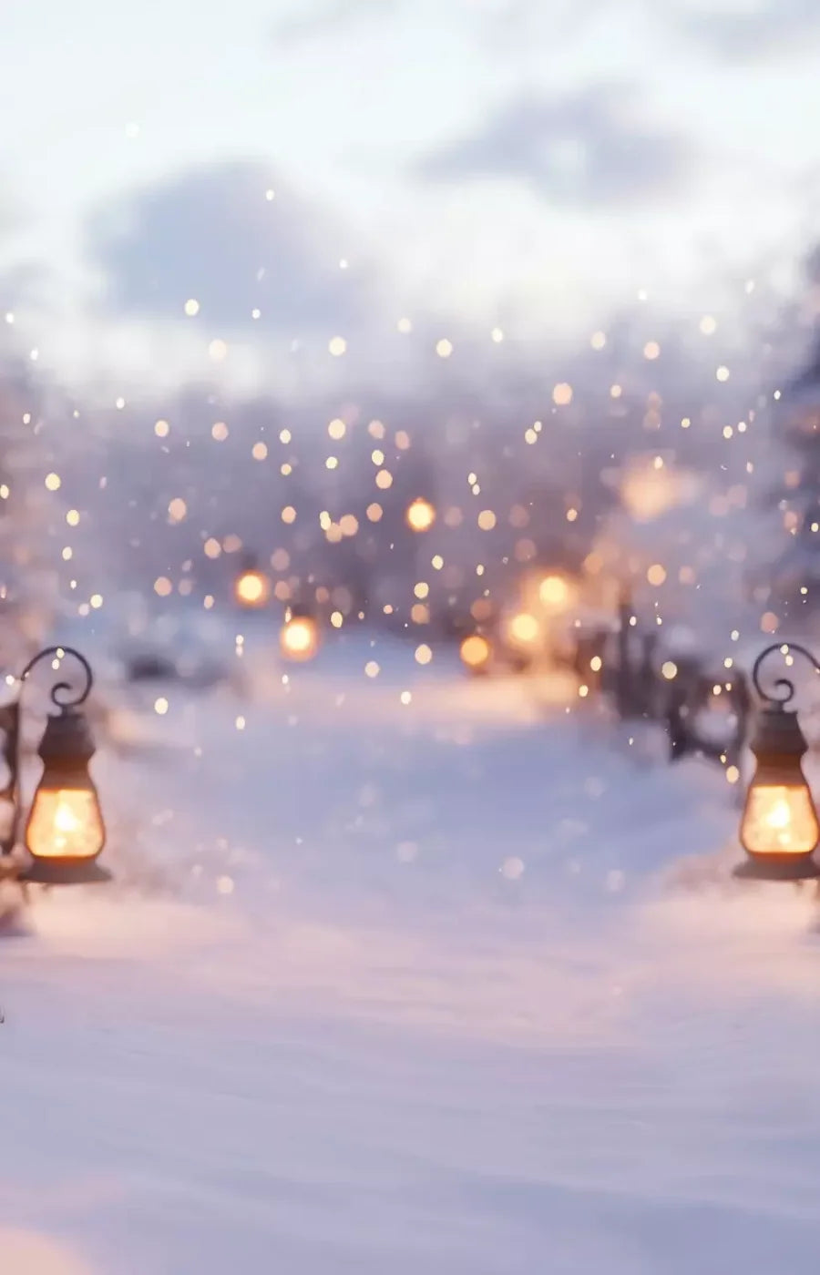 Snow Covered Path With Lanterns 9’X14’ Ultracloth (108 X 168 Inch) Backdrop