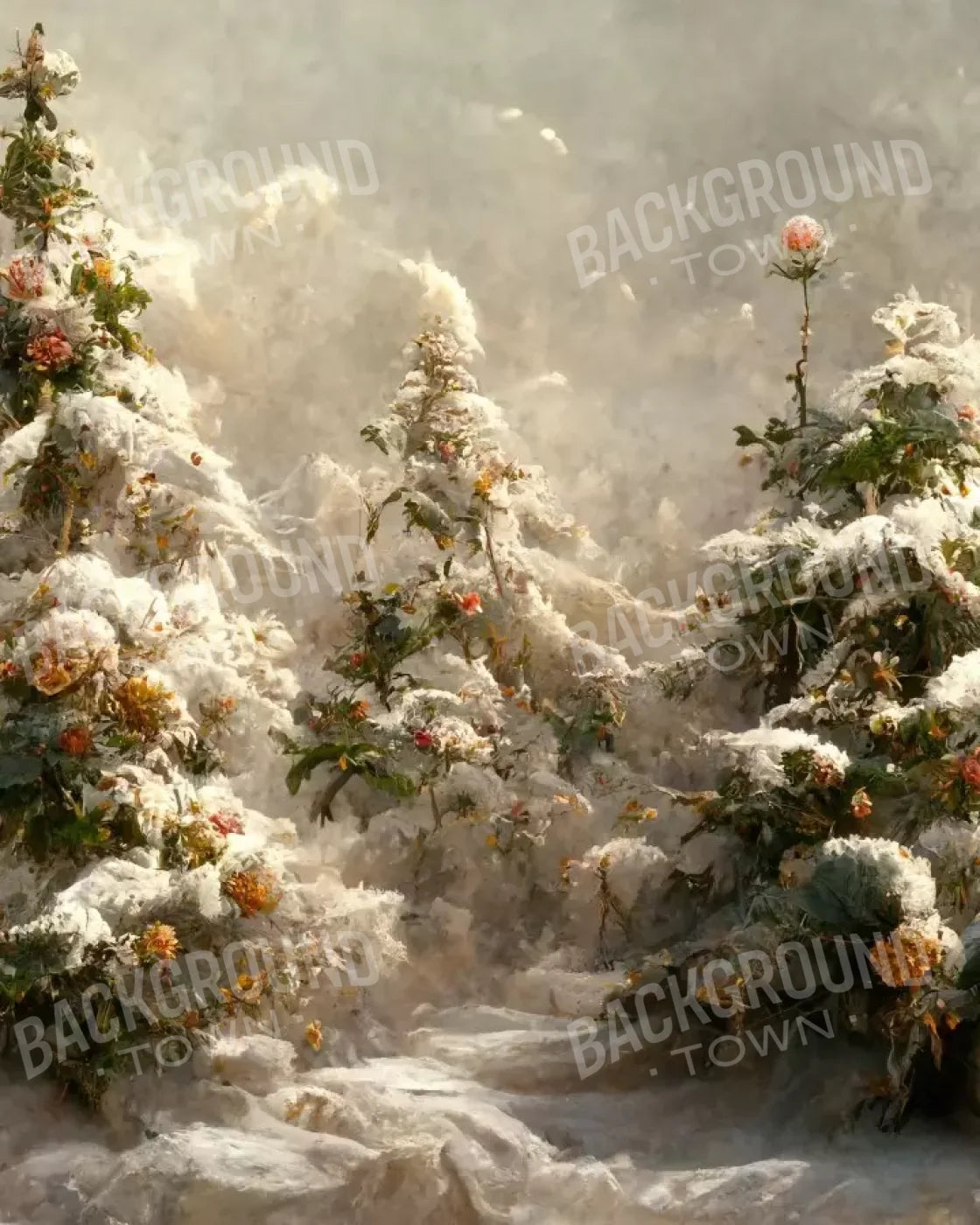Snowy Floral Trees I 8’X10’ Fleece (96 X 120 Inch) Backdrop