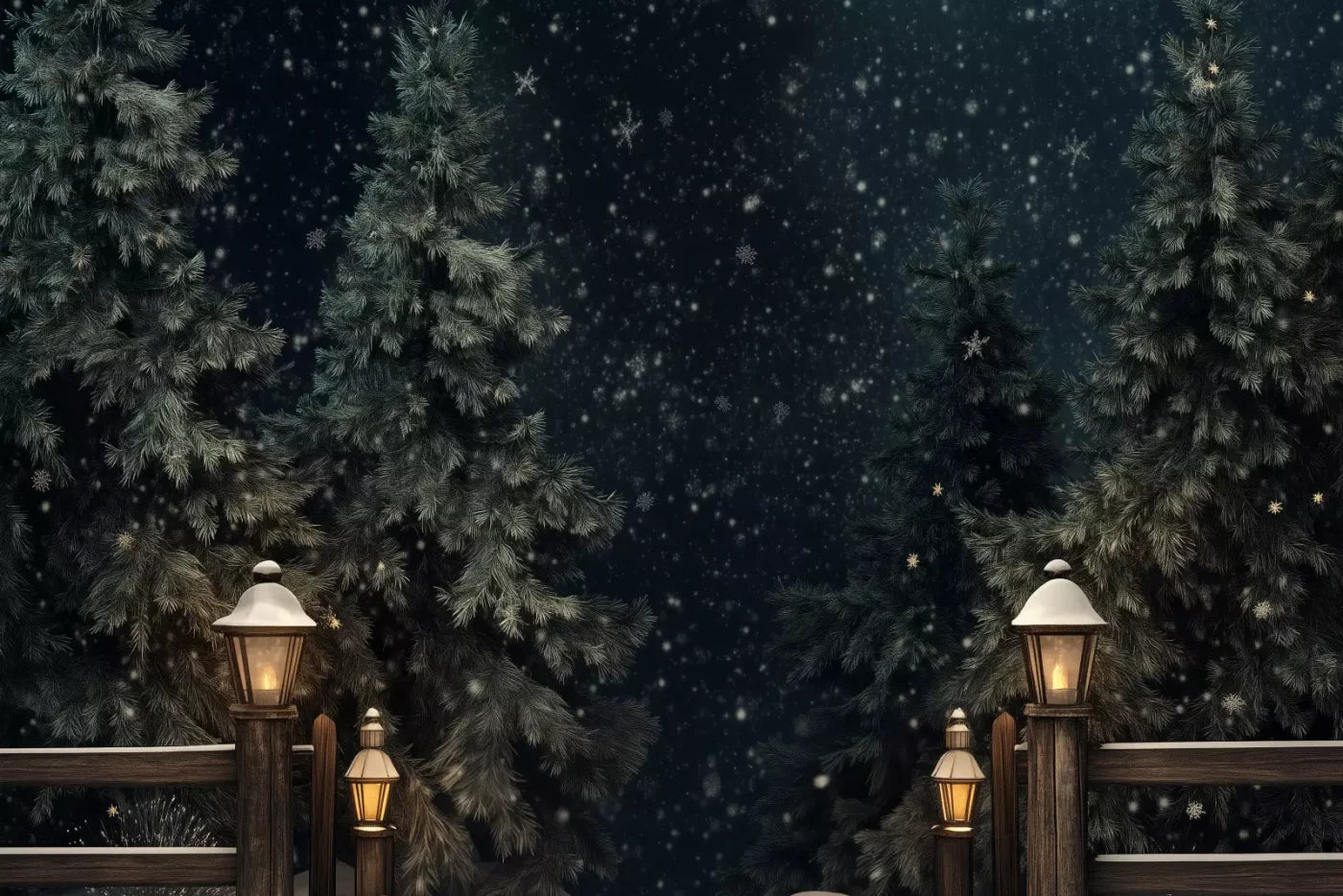 Snowy Forest With Lanterns 12’X8’ Ultracloth (144 X 96 Inch) Backdrop