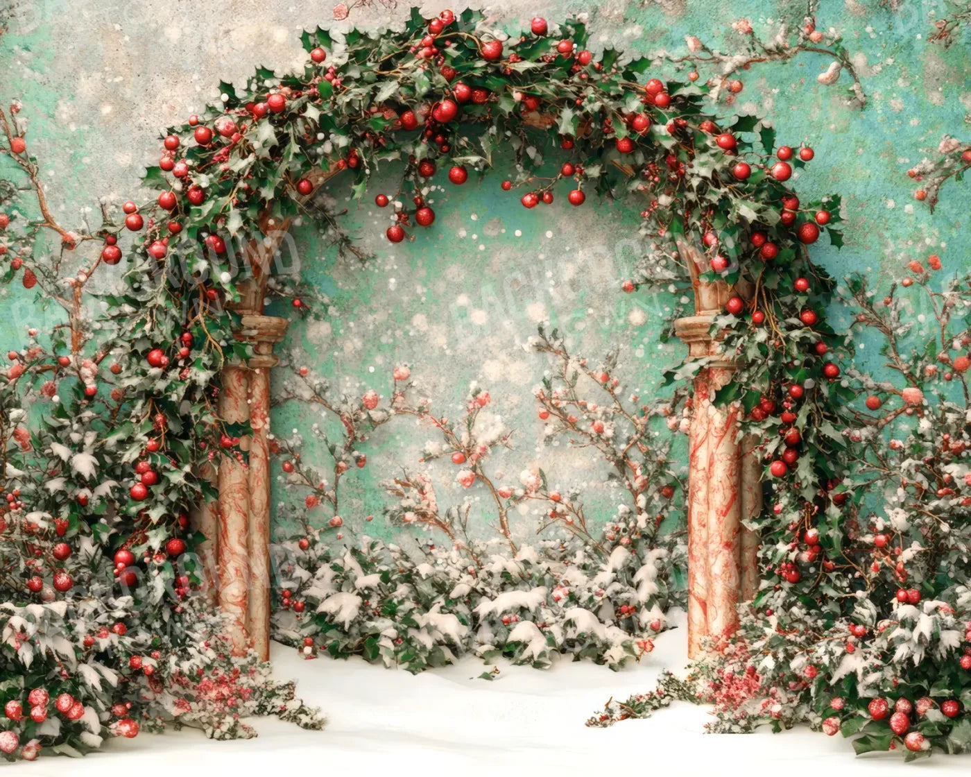 Snowy Holly Christmas Arch 10’x8’ Fleece (120 x 96 inch) Backdrop