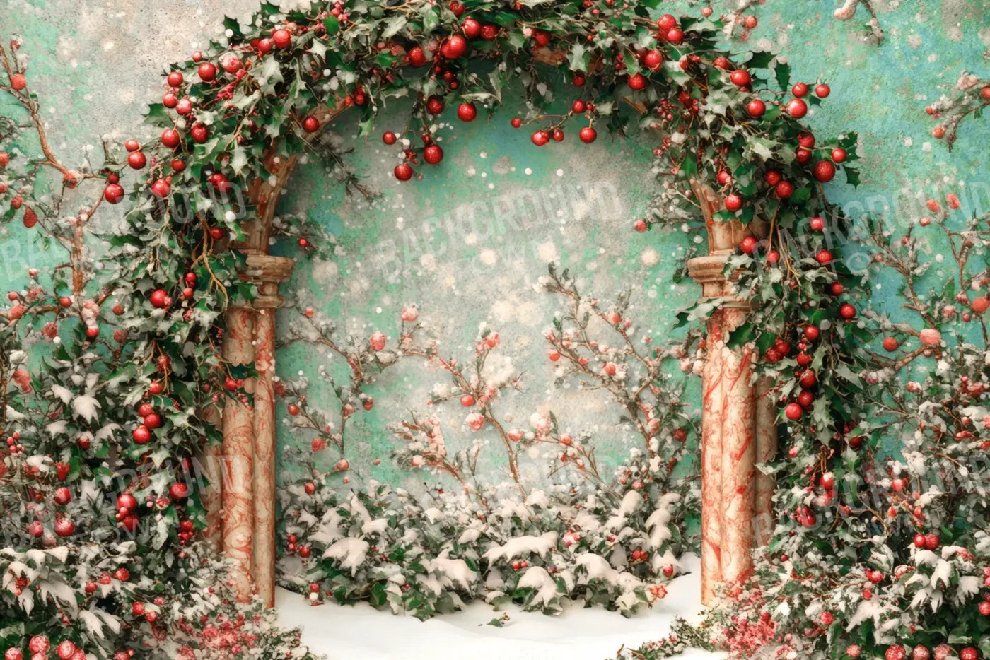 Snowy Holly Christmas Arch 12’x8’ UltraCloth (144 x 96 inch) Backdrop