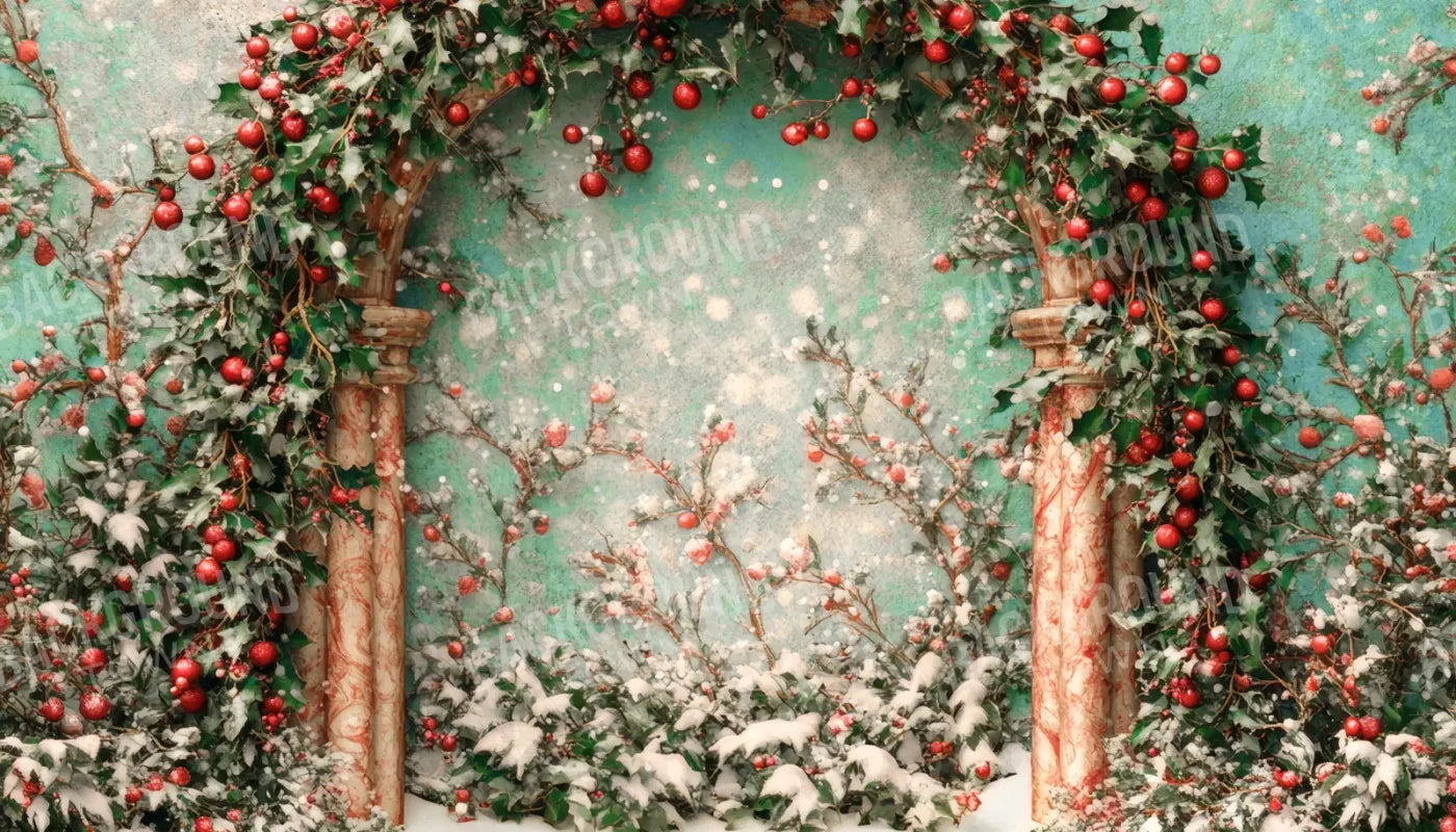 Snowy Holly Christmas Arch 14’x8’ UltraCloth (168 x 96 inch) Backdrop