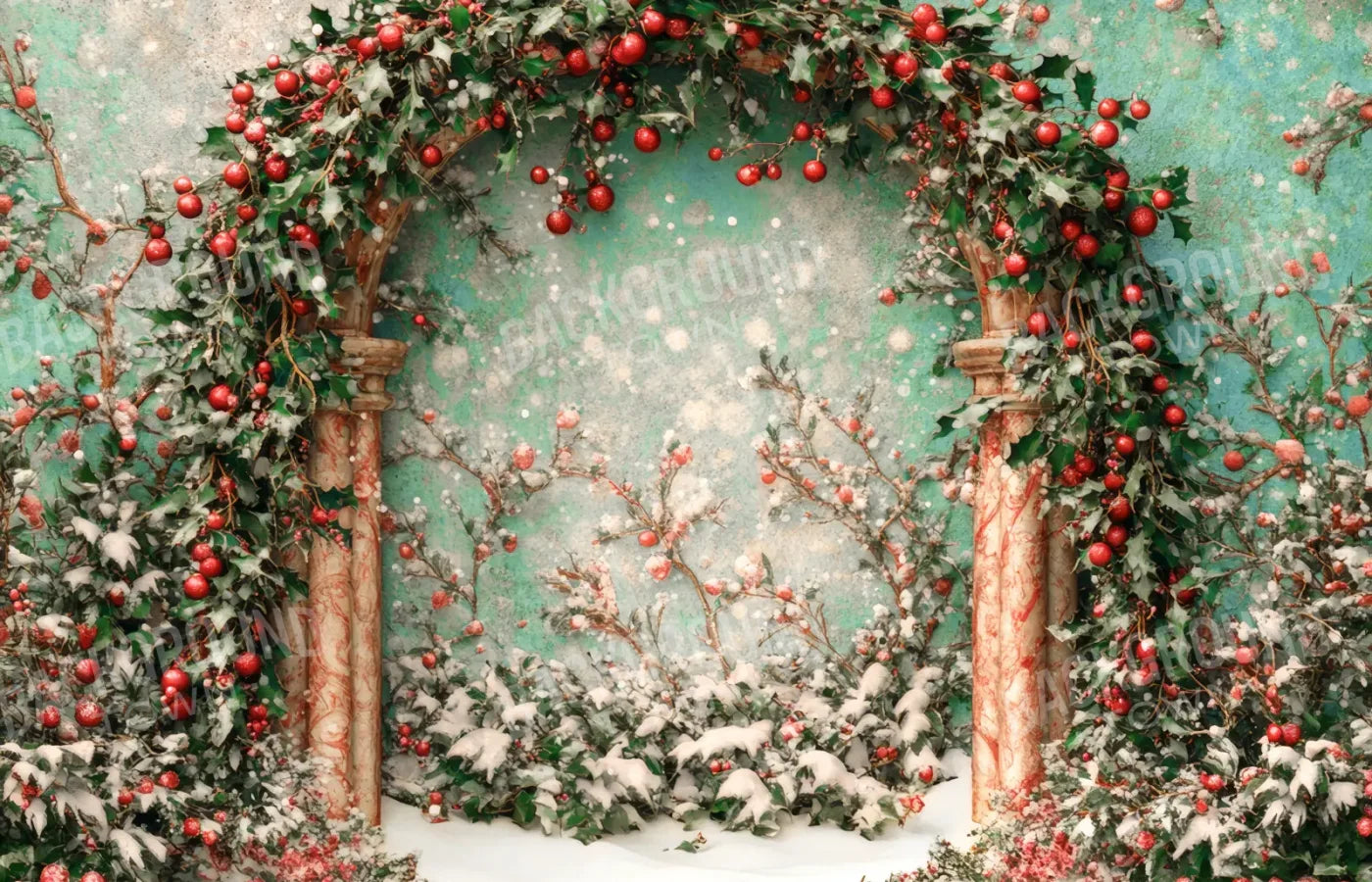 Snowy Holly Christmas Arch 14’x9’ UltraCloth (168 x 108 inch) Backdrop