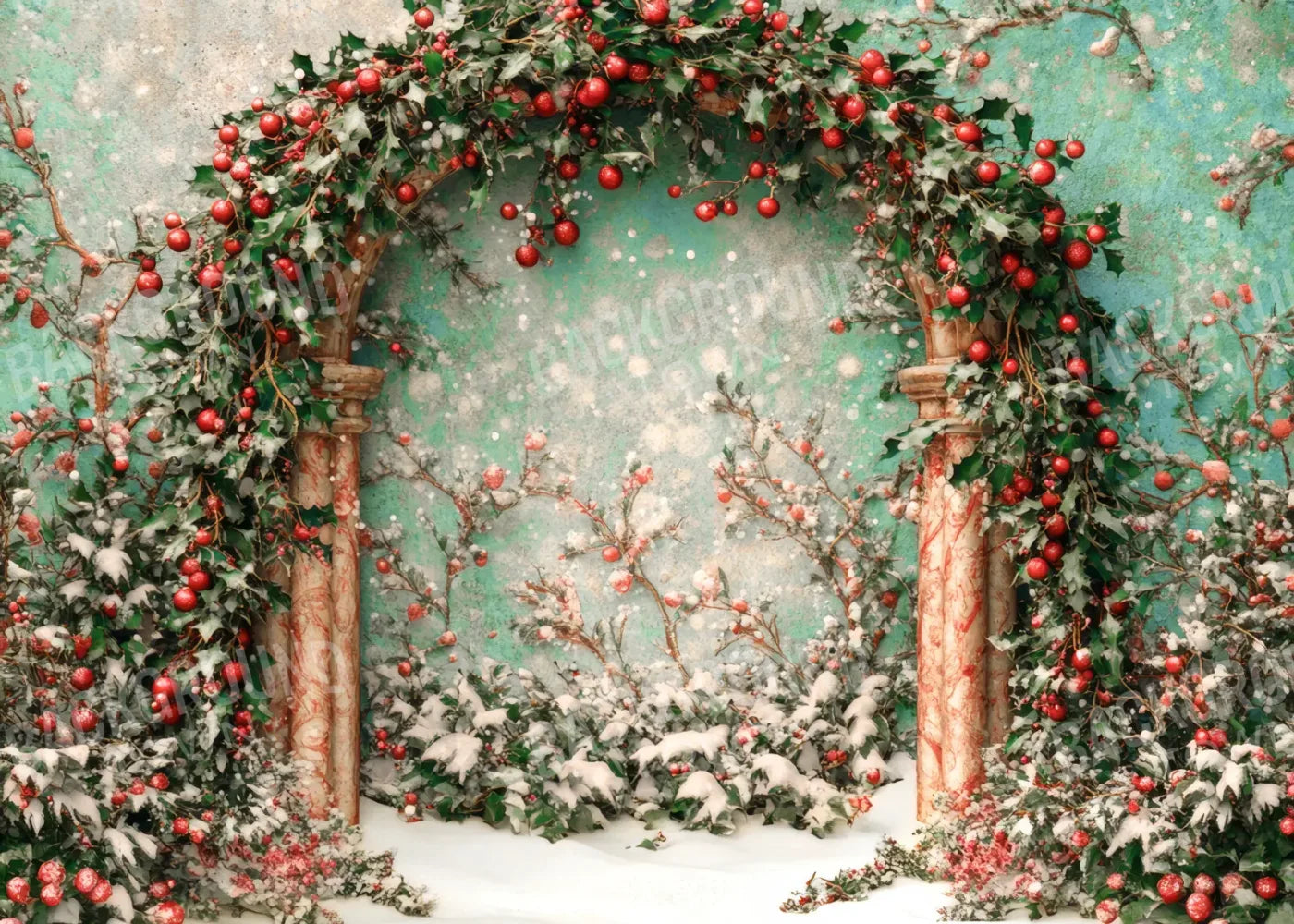 Snowy Holly Christmas Arch 7’x5’ UltraCloth (84 x 60 inch) Backdrop
