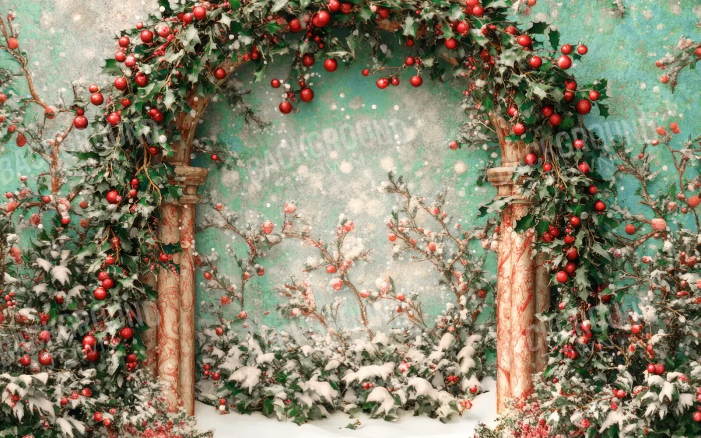 Snowy Holly Christmas Arch 8’x5’ UltraCloth (96 x 60 inch) Backdrop