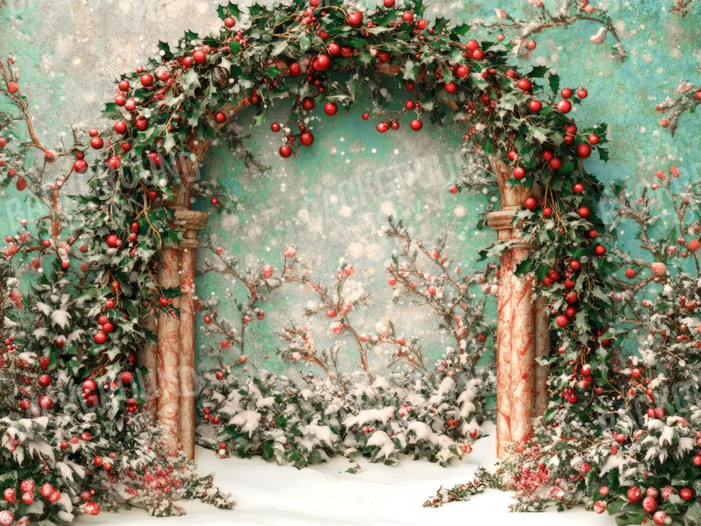 Snowy Holly Christmas Arch 8’x6’ Fleece (96 x 72 inch) Backdrop