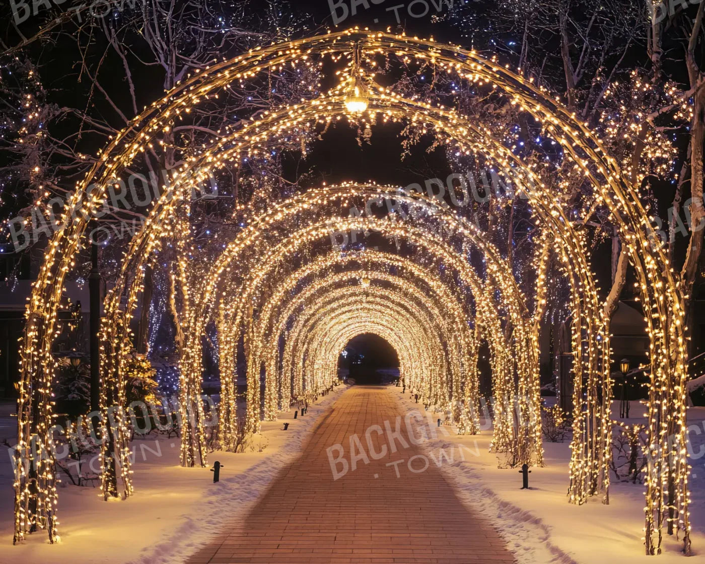 Sparkly Golden Christmas Lights Arch Tunnel 10’x8’ Fleece (120 x 96 inch) Backdrop
