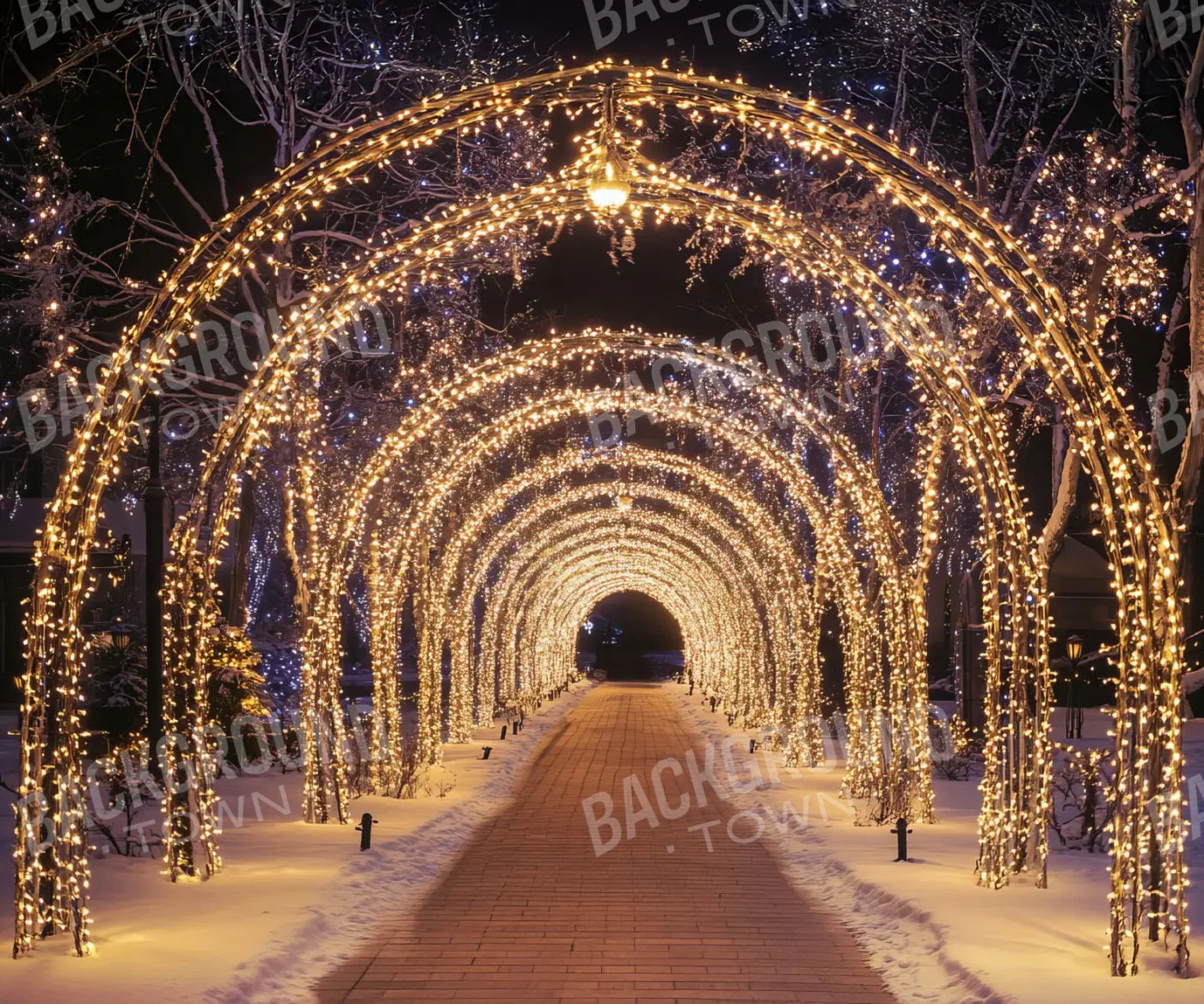 Sparkly Golden Christmas Lights Arch Tunnel 12’x10’ UltraCloth (144 x 120 inch) Backdrop