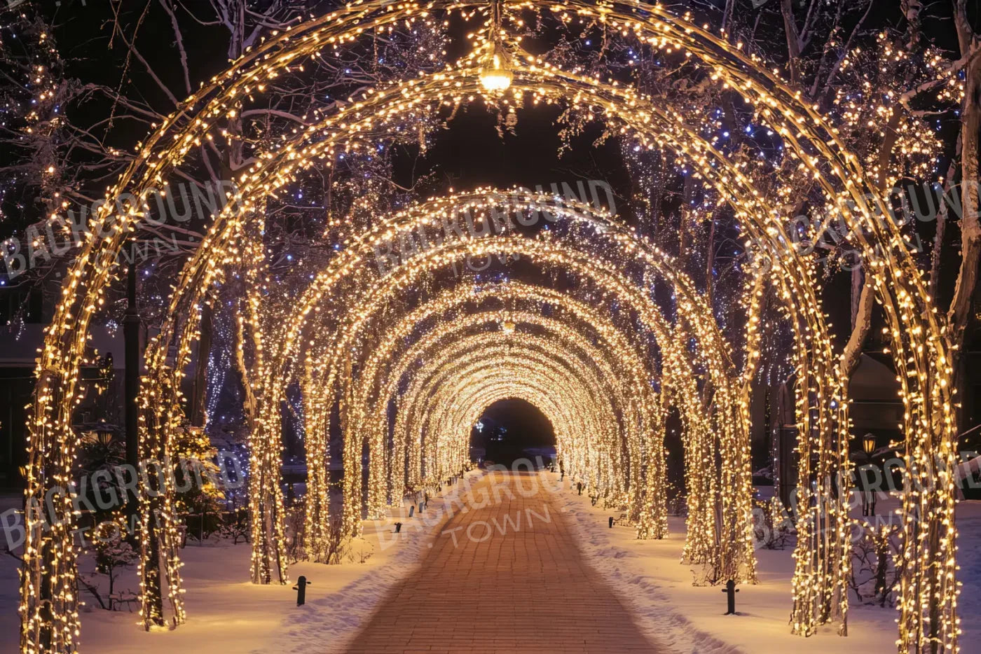 Sparkly Golden Christmas Lights Arch Tunnel 12’x8’ UltraCloth (144 x 96 inch) Backdrop