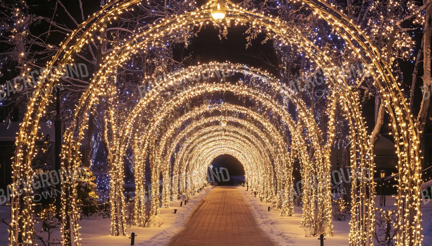 Sparkly Golden Christmas Lights Arch Tunnel 14’x8’ UltraCloth (168 x 96 inch) Backdrop