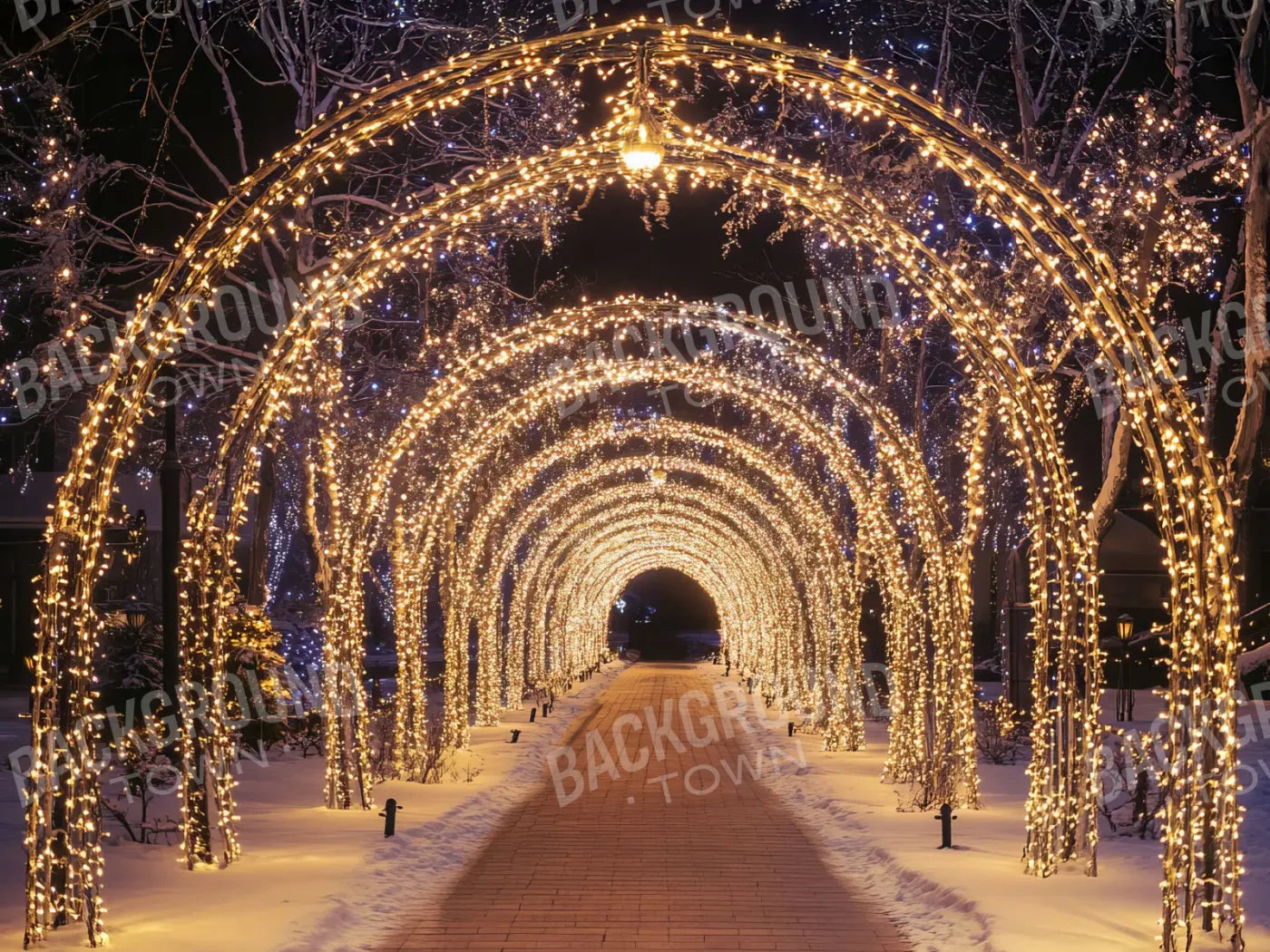 Sparkly Golden Christmas Lights Arch Tunnel 8’x6’ Fleece (96 x 72 inch) Backdrop