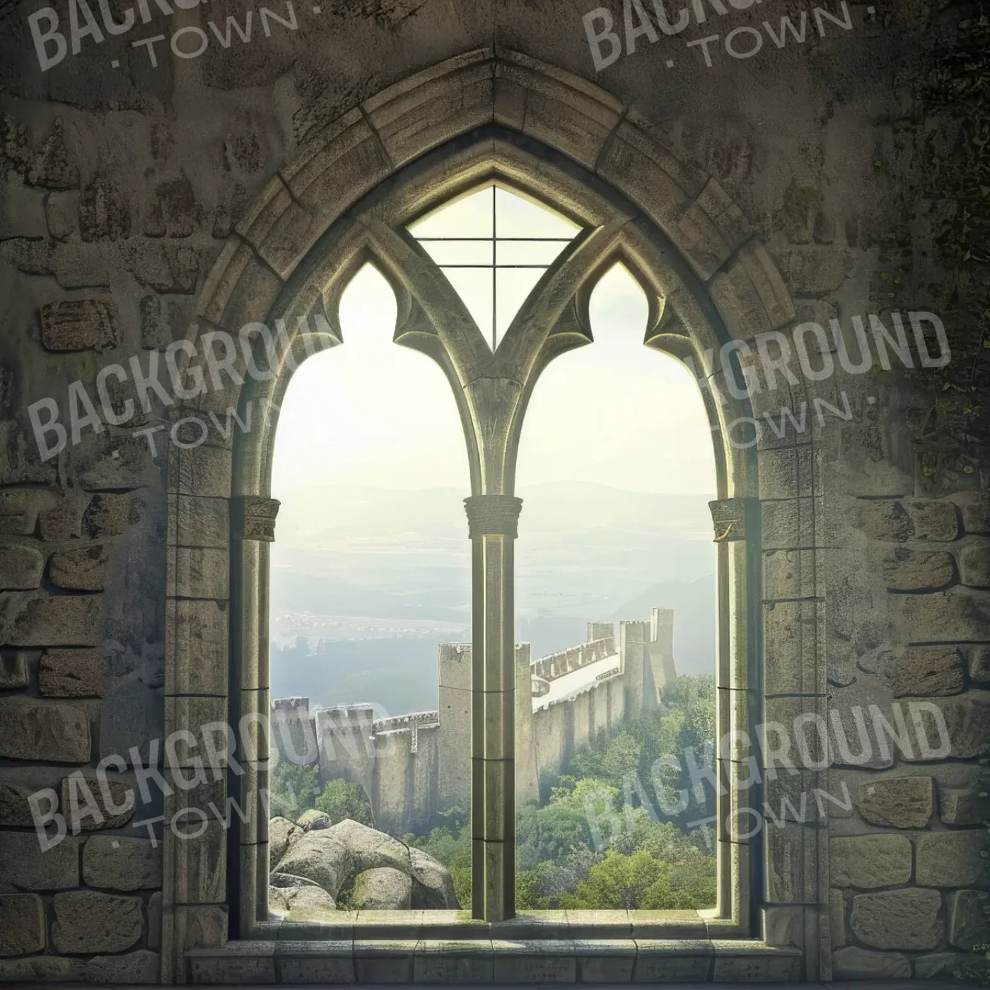 Stone Castle Room Window 8’x8’ Fleece (96 x 96 inch) Backdrop