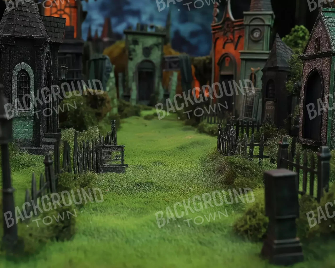 Stroll Through Halloween Village 10’x8’ Fleece (120 x 96 inch) Backdrop