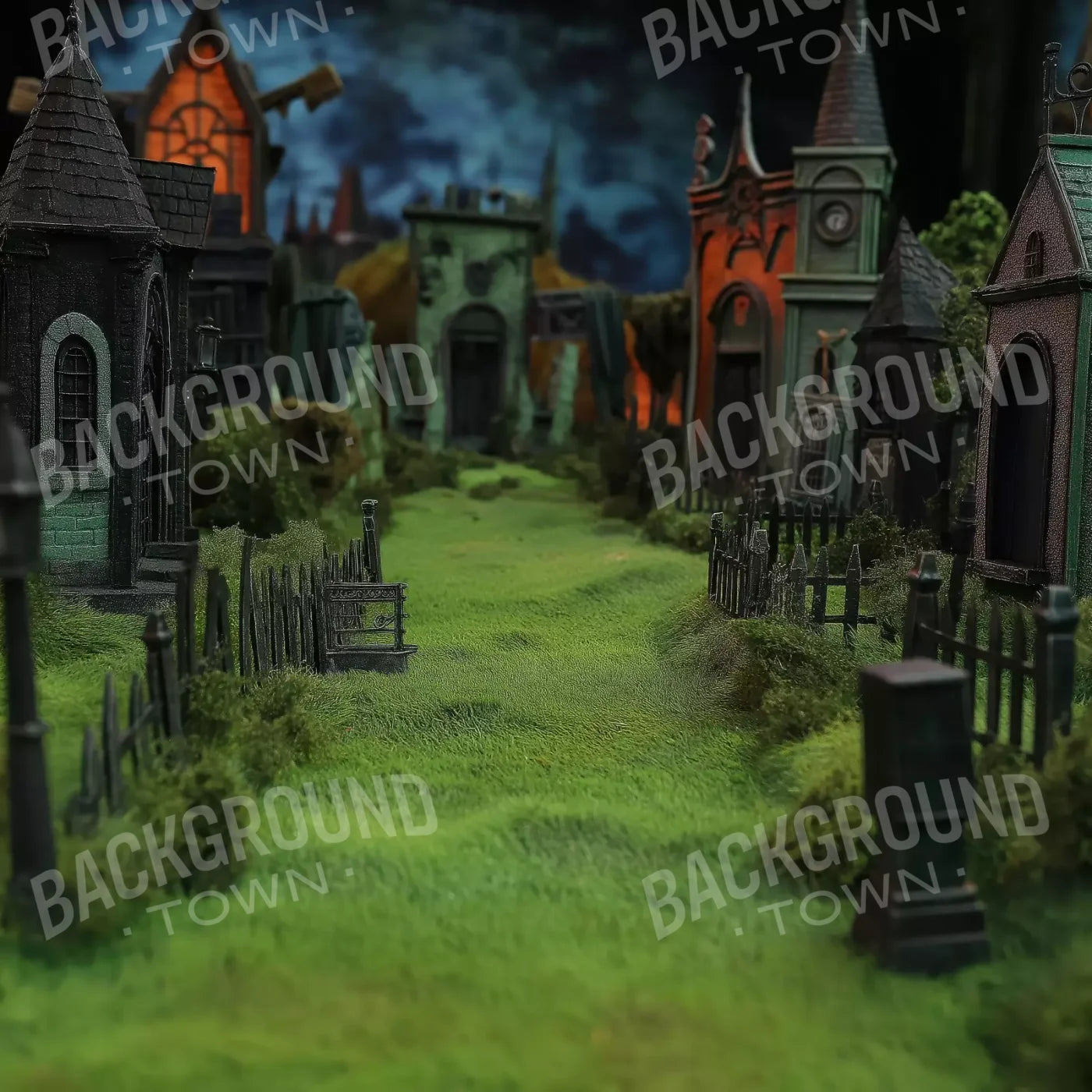 Stroll Through Halloween Village 8’x8’ Fleece (96 x 96 inch) Backdrop