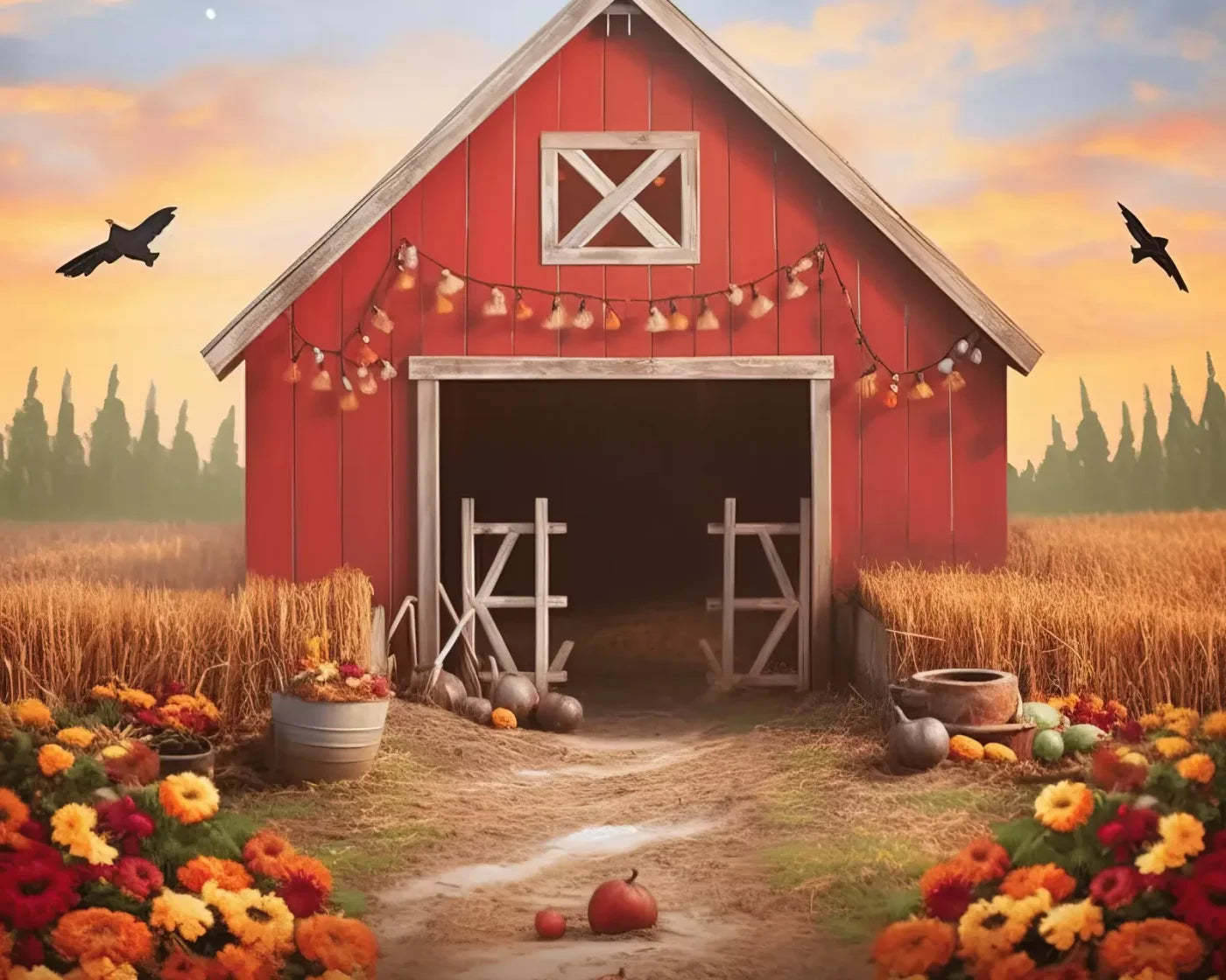 Sunset Autumn Barn 10’X8’ Fleece (120 X 96 Inch) Backdrop