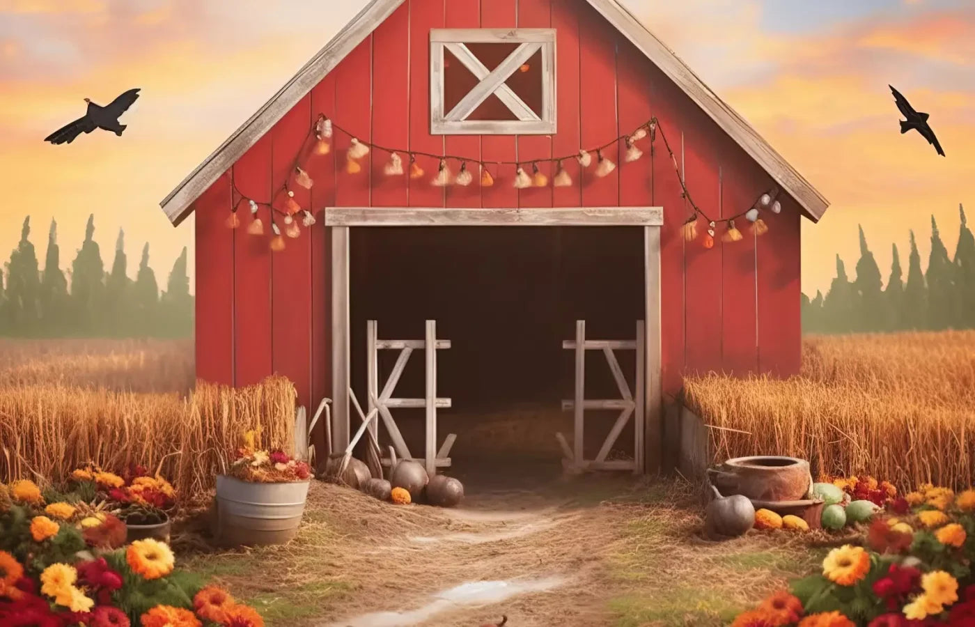 Sunset Autumn Barn 14’X9’ Ultracloth (168 X 108 Inch) Backdrop