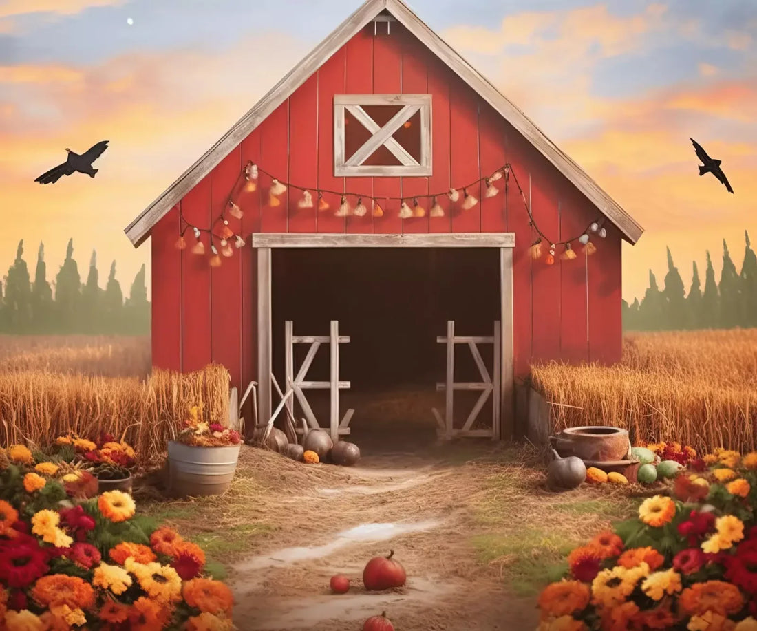 Sunset Autumn Barn 5’X4’2 Fleece (60 X 50 Inch) Backdrop