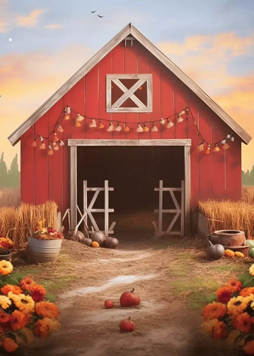 Sunset Autumn Barn 5’X7’ Ultracloth (60 X 84 Inch) Backdrop