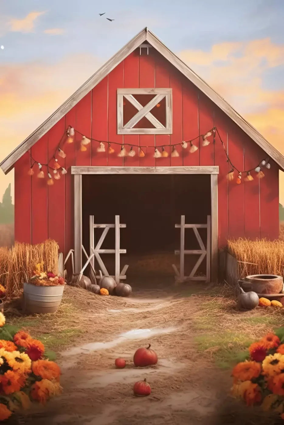Sunset Autumn Barn 8’X12’ Ultracloth (96 X 144 Inch) Backdrop