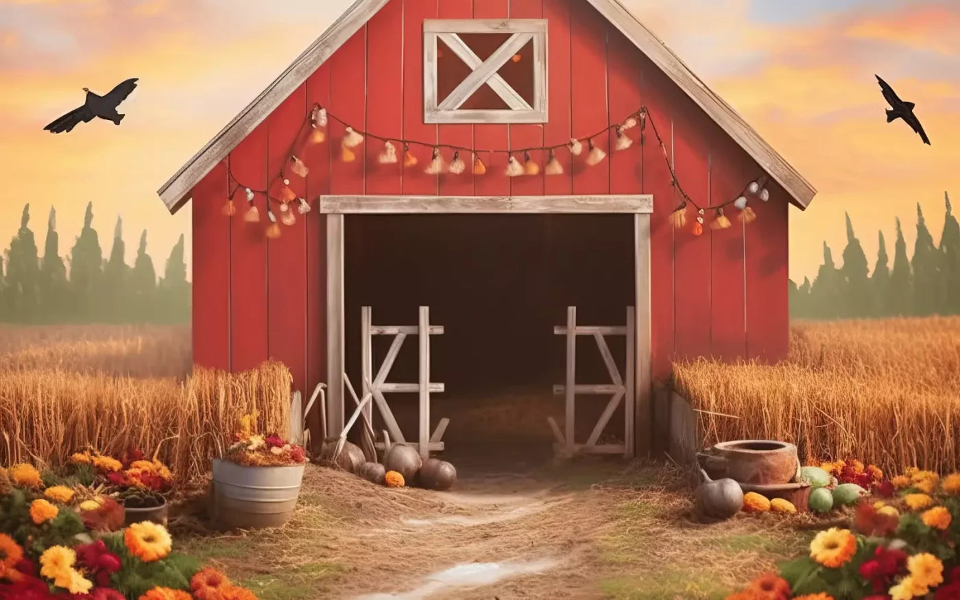 Sunset Autumn Barn 8’X5’ Ultracloth (96 X 60 Inch) Backdrop