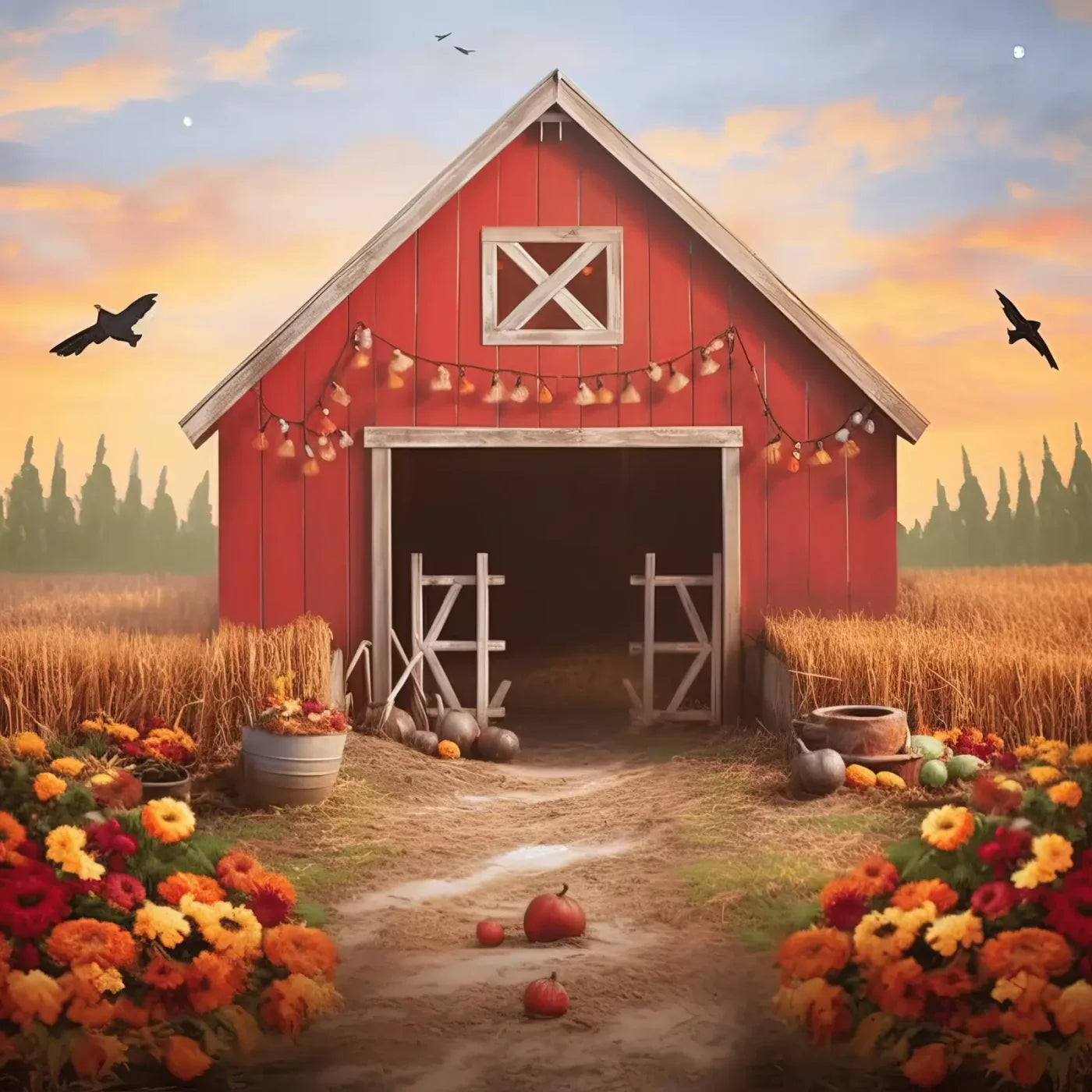 Sunset Autumn Barn 8’X8’ Fleece (96 X Inch) Backdrop