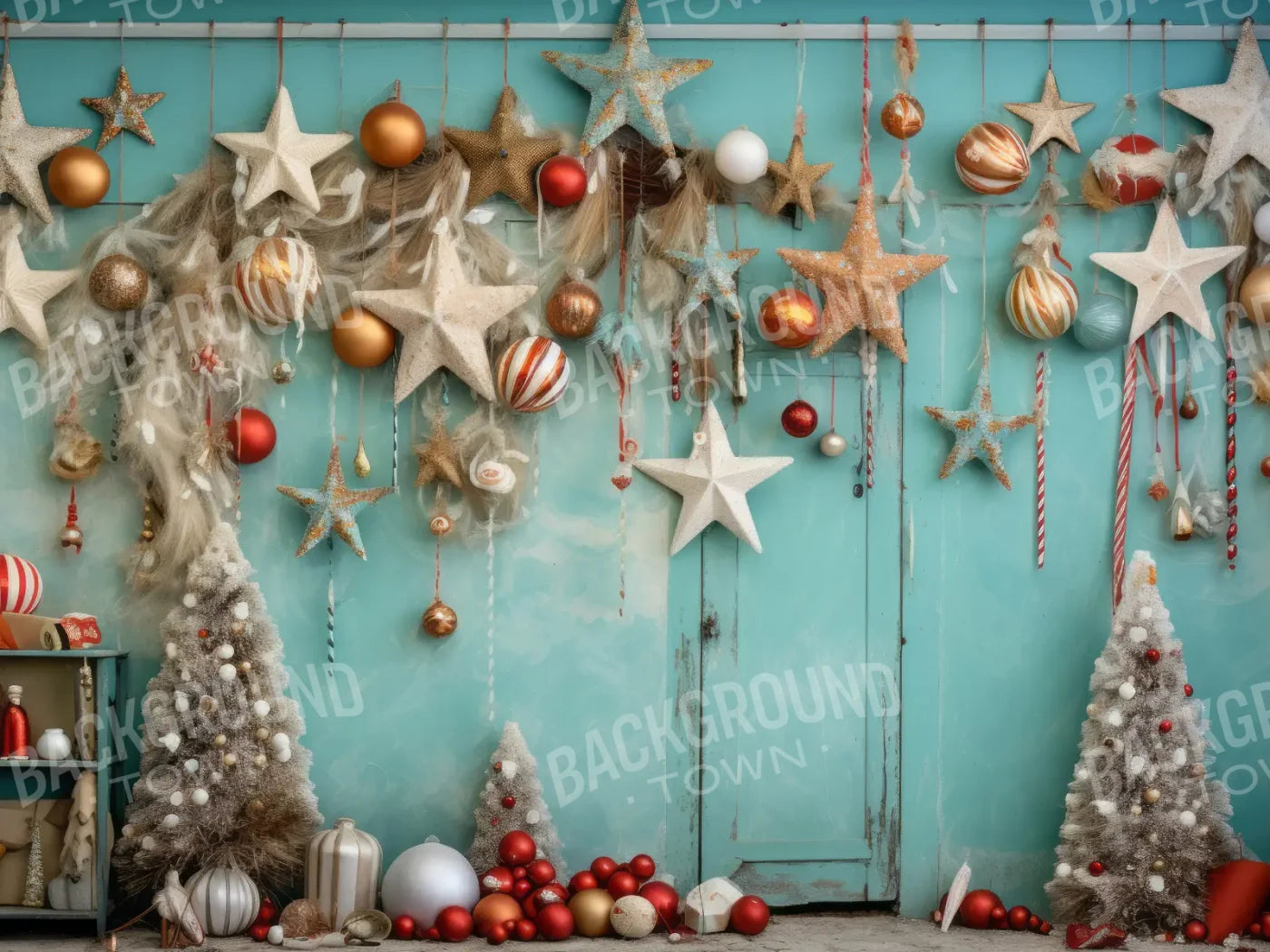 Teal Beach Christmas Stars 6’8x5’ Fleece (80 x 60 inch) Backdrop