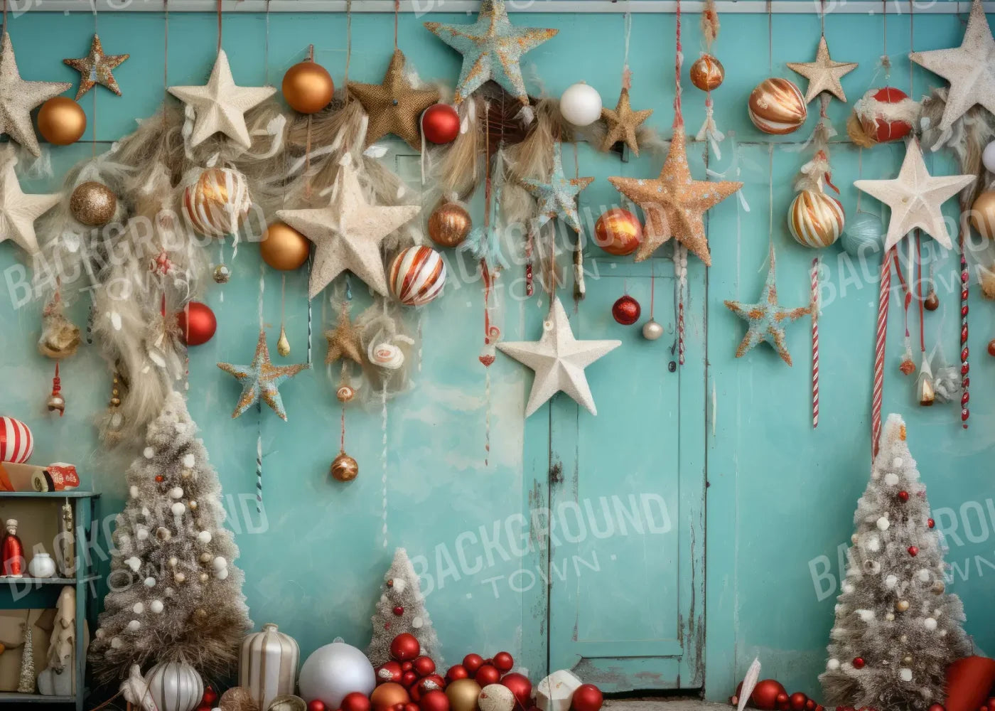 Teal Beach Christmas Stars 7’x5’ UltraCloth (84 x 60 inch) Backdrop