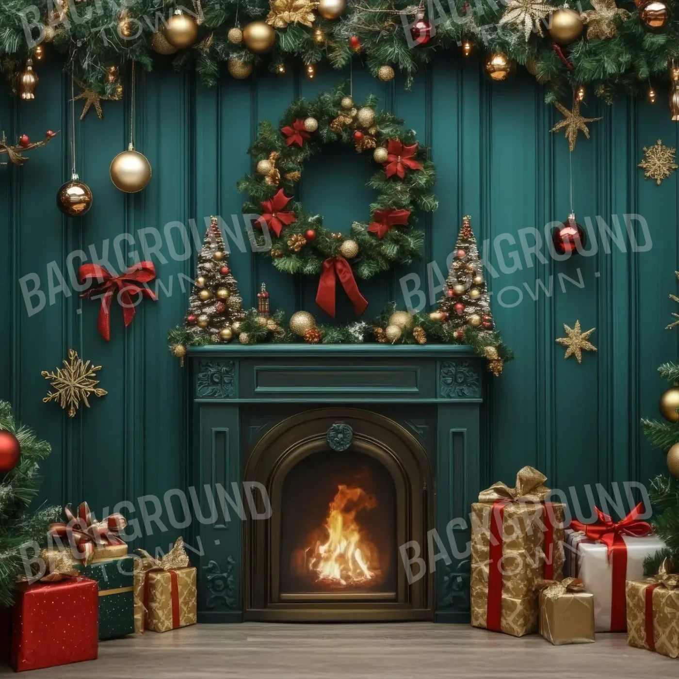 Vintage Emerald Green Christmas Fireplace 10’x10’ UltraCloth (120 x 120 inch) Backdrop