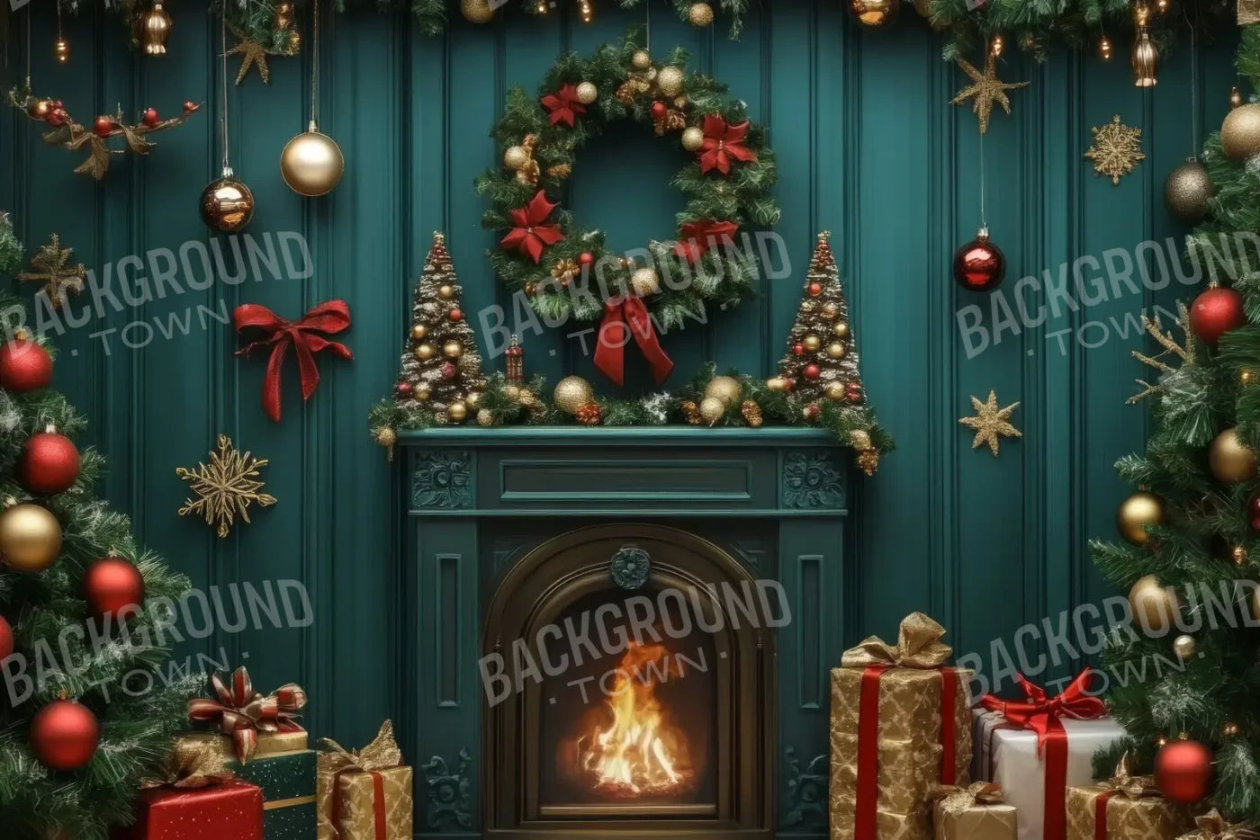 Vintage Emerald Green Christmas Fireplace 12’x8’ UltraCloth (144 x 96 inch) Backdrop
