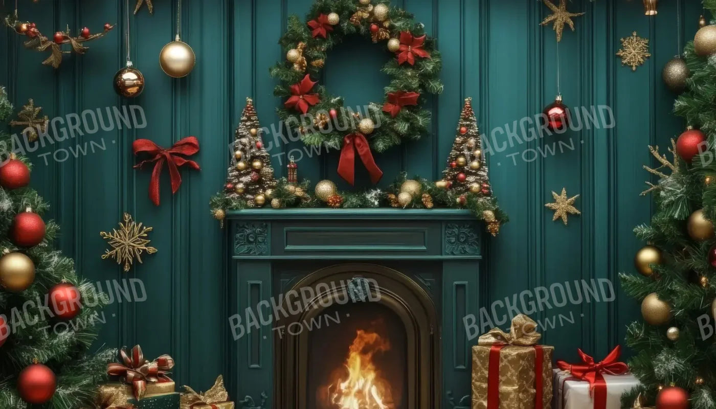 Vintage Emerald Green Christmas Fireplace 14’x8’ UltraCloth (168 x 96 inch) Backdrop
