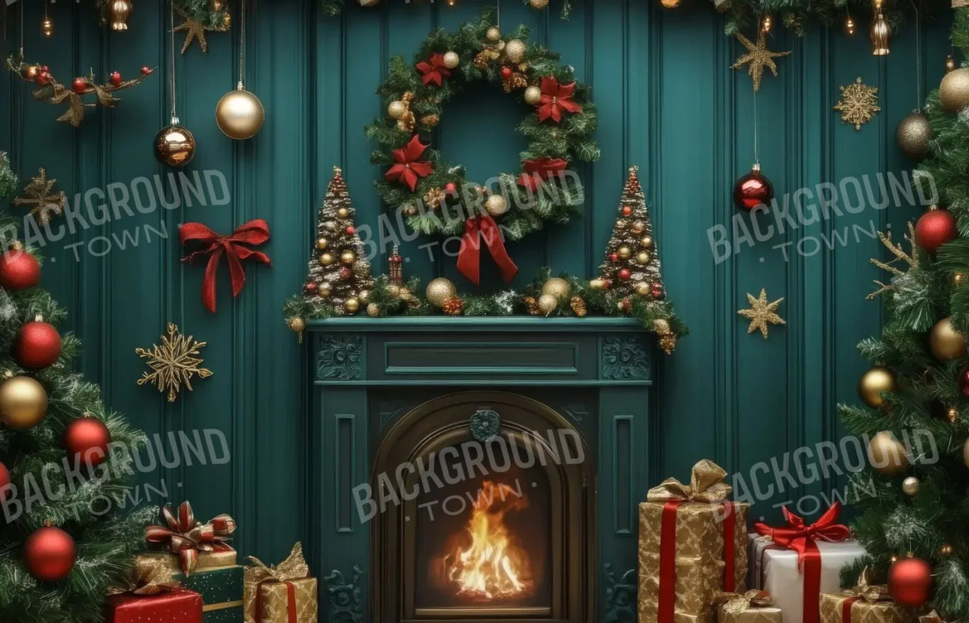 Vintage Emerald Green Christmas Fireplace 14’x9’ UltraCloth (168 x 108 inch) Backdrop