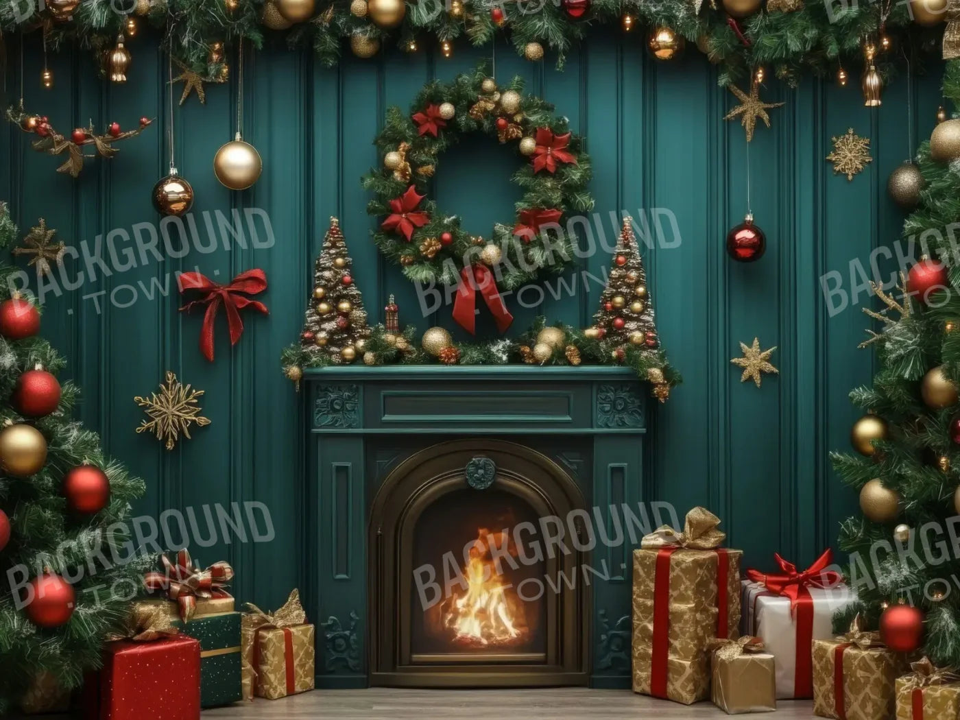 Vintage Emerald Green Christmas Fireplace 6’8x5’ Fleece (80 x 60 inch) Backdrop