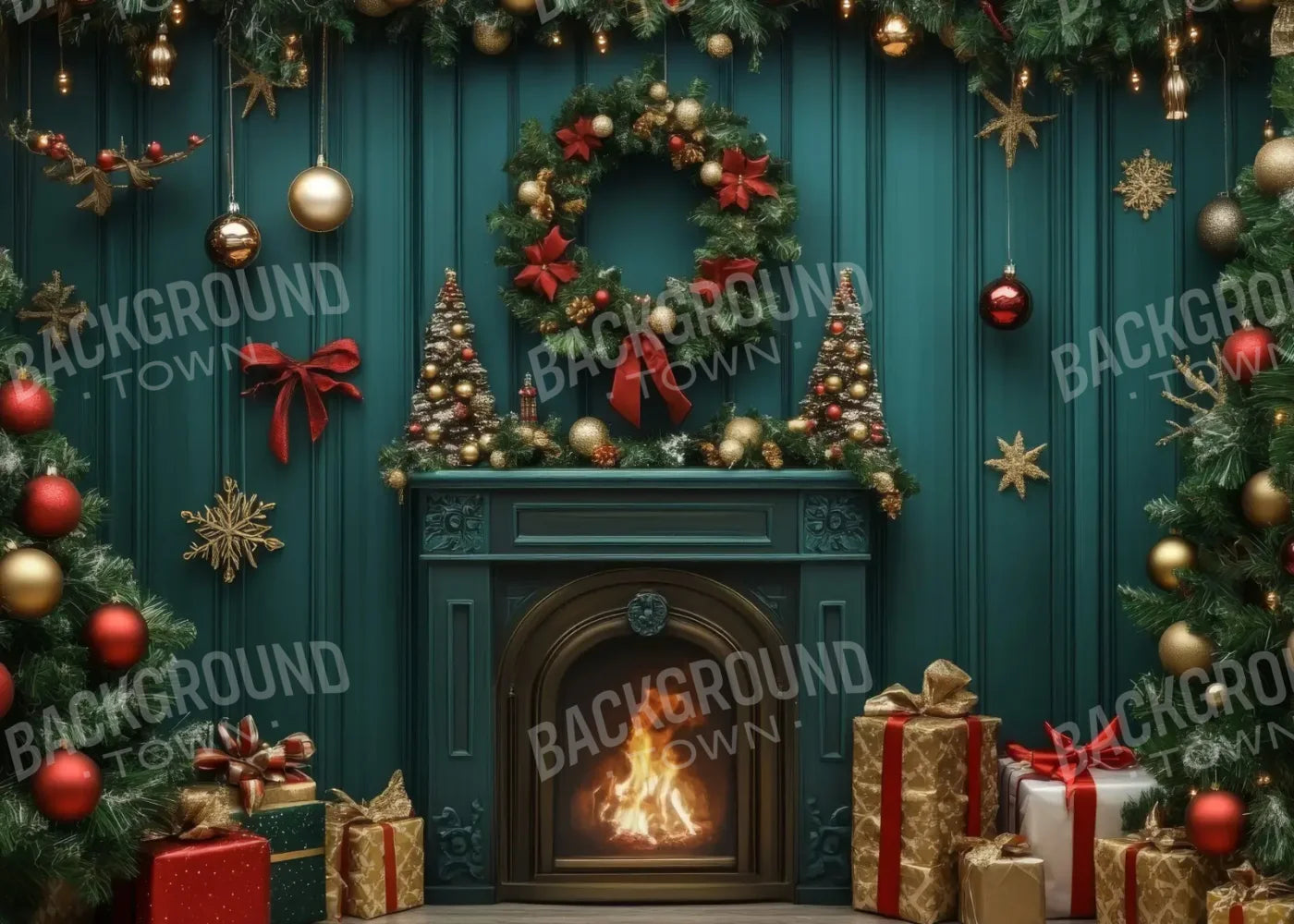 Vintage Emerald Green Christmas Fireplace 7’x5’ UltraCloth (84 x 60 inch) Backdrop