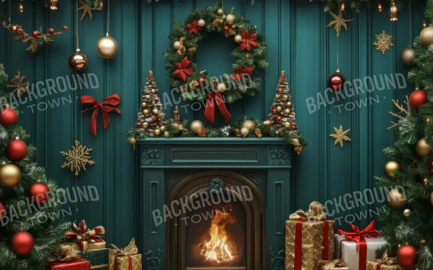 Vintage Emerald Green Christmas Fireplace 8’x5’ UltraCloth (96 x 60 inch) Backdrop