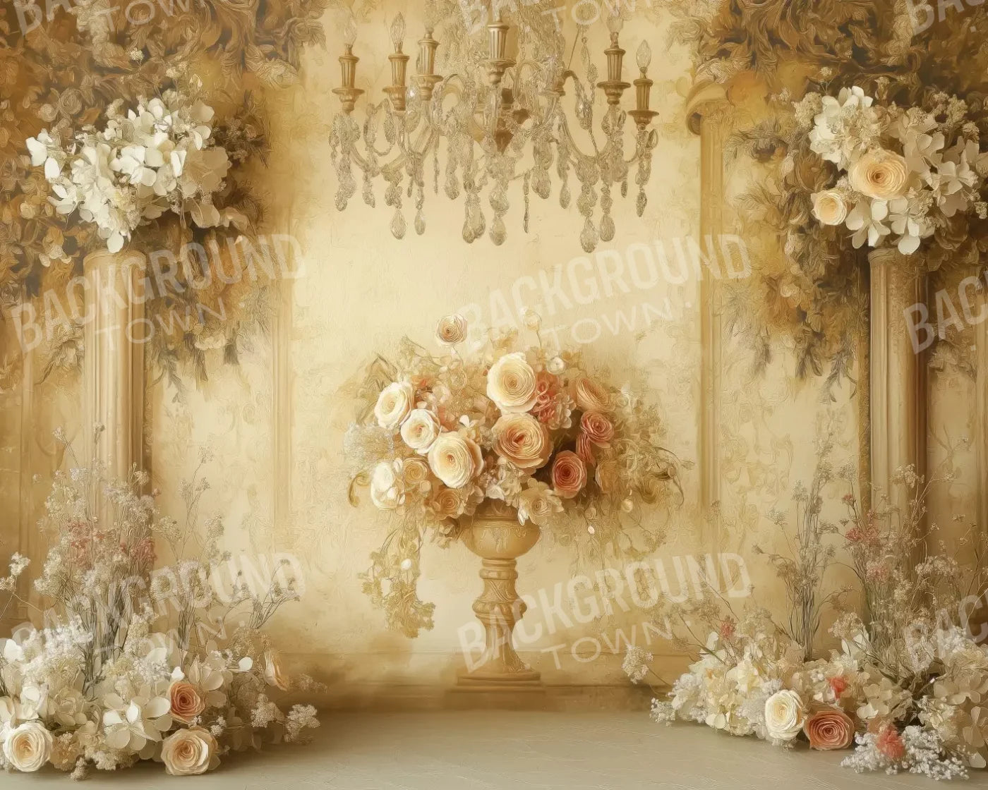 Vintage Flowers On Pedestals 10’x8’ Fleece (120 x 96 inch) Backdrop