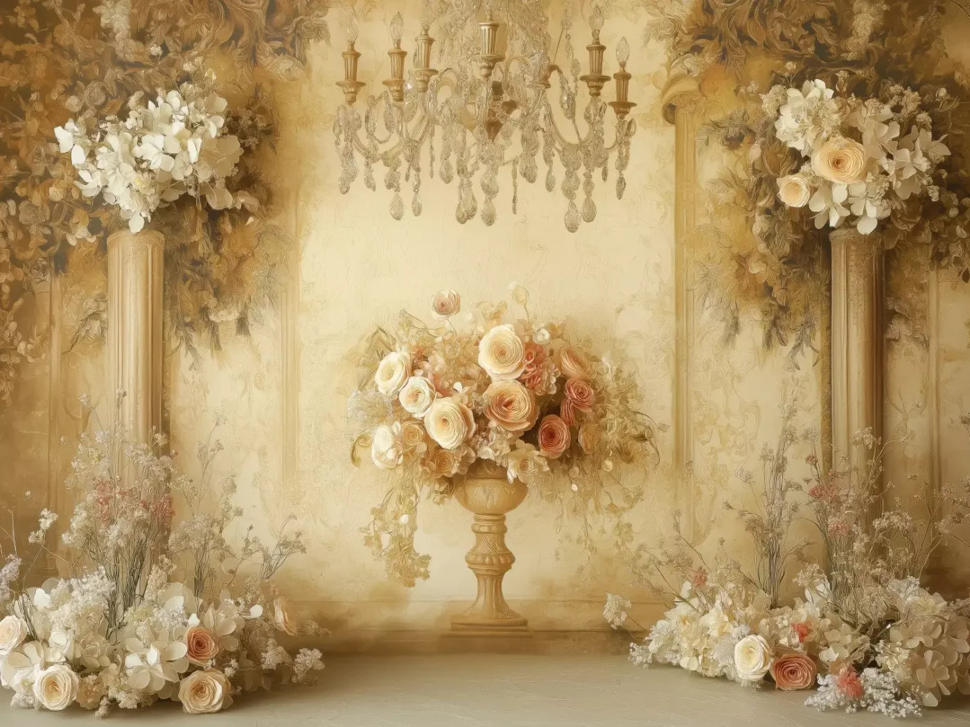 Vintage Flowers On Pedestals 6’8x5’ Fleece (80 x 60 inch) Backdrop