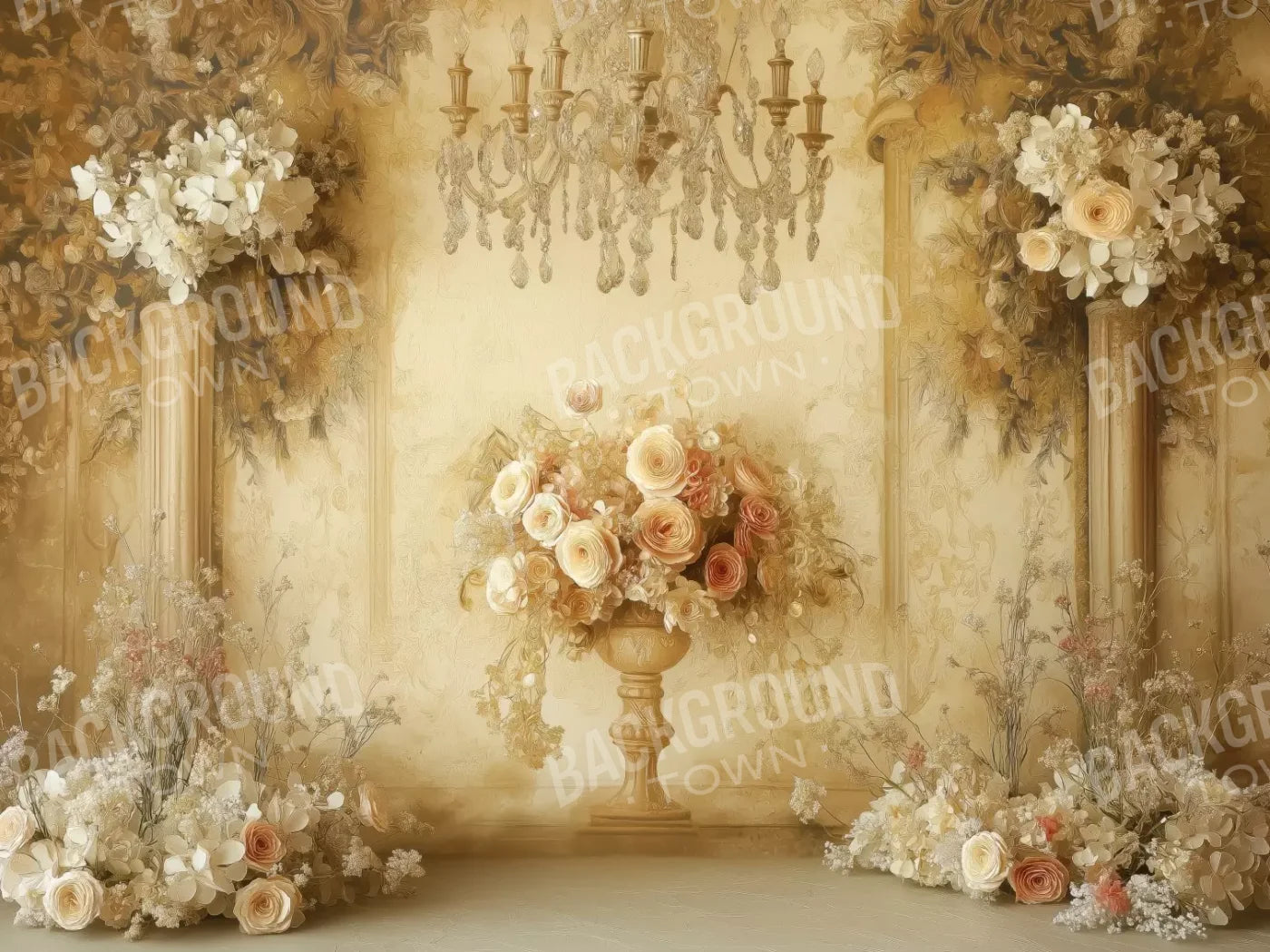 Vintage Flowers On Pedestals 6’8x5’ Fleece (80 x 60 inch) Backdrop