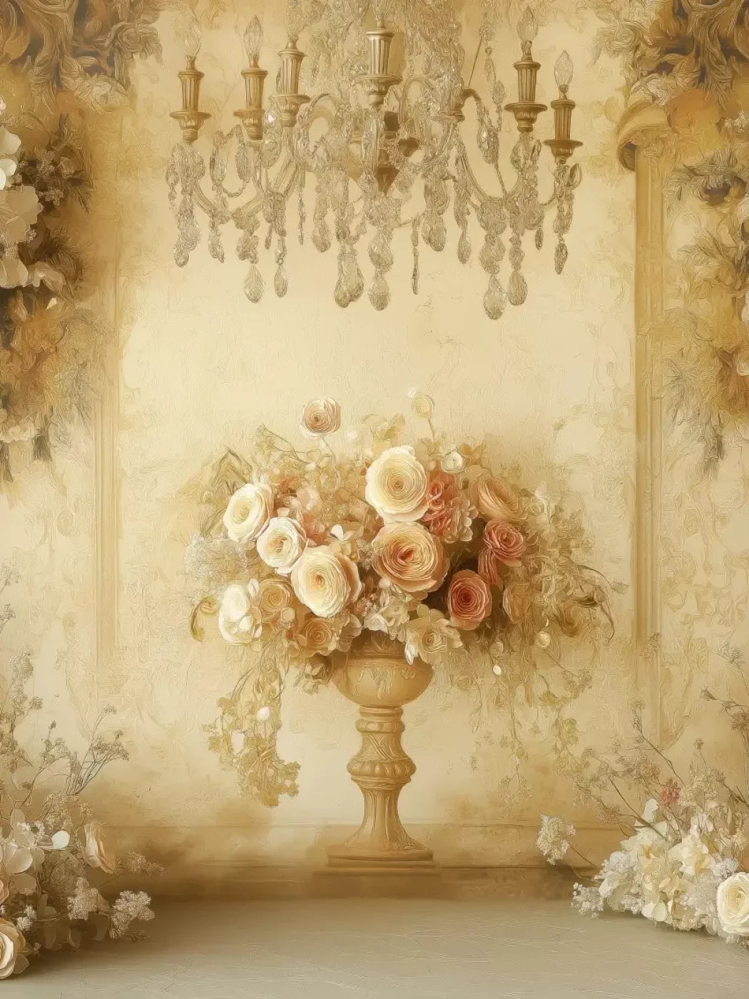 Vintage Flowers On Pedestals 6’x8’ Fleece (72 x 96 inch) Backdrop