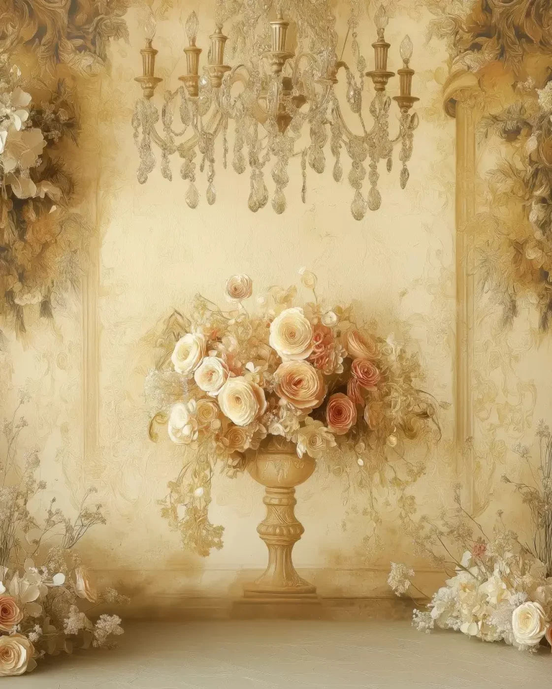 Vintage Flowers On Pedestals 8’x10’ Fleece (96 x 120 inch) Backdrop