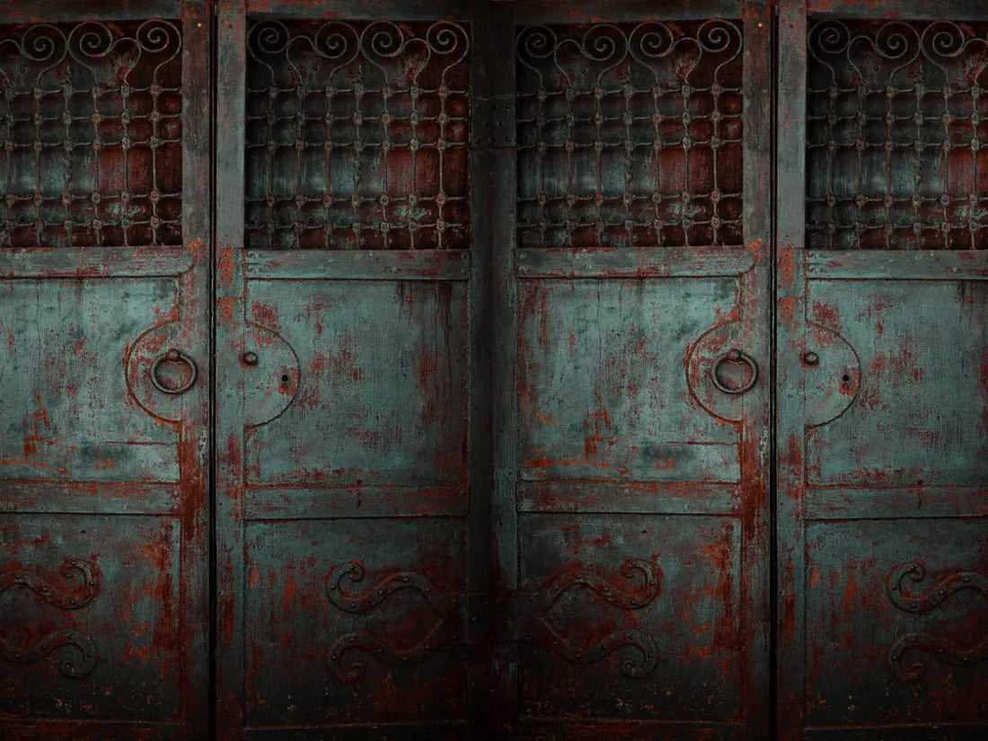 Vintage Teal Doors 68X5 Fleece ( 80 X 60 Inch ) Backdrop