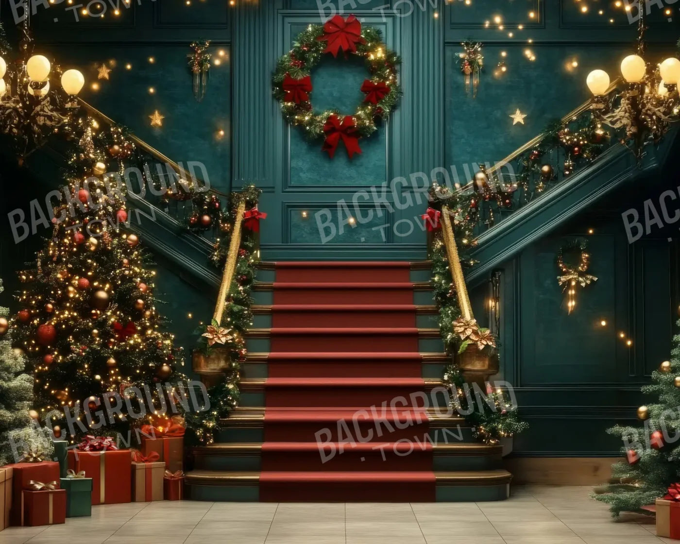 Whimsical Christmas Grand Staircase 10’x8’ Fleece (120 x 96 inch) Backdrop