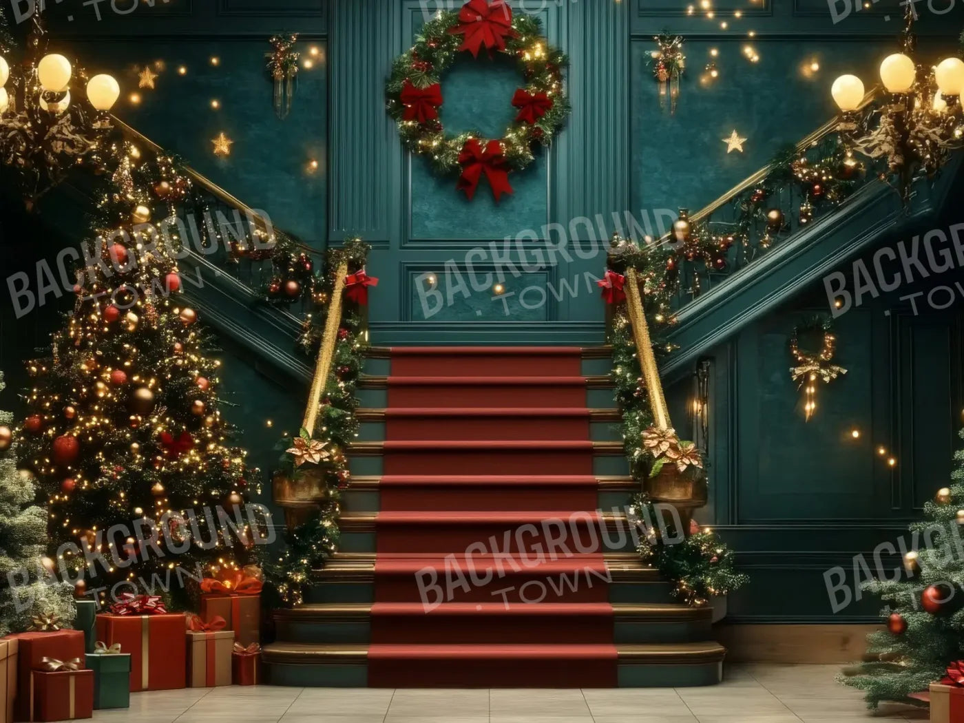Whimsical Christmas Grand Staircase 6’8x5’ Fleece (80 x 60 inch) Backdrop